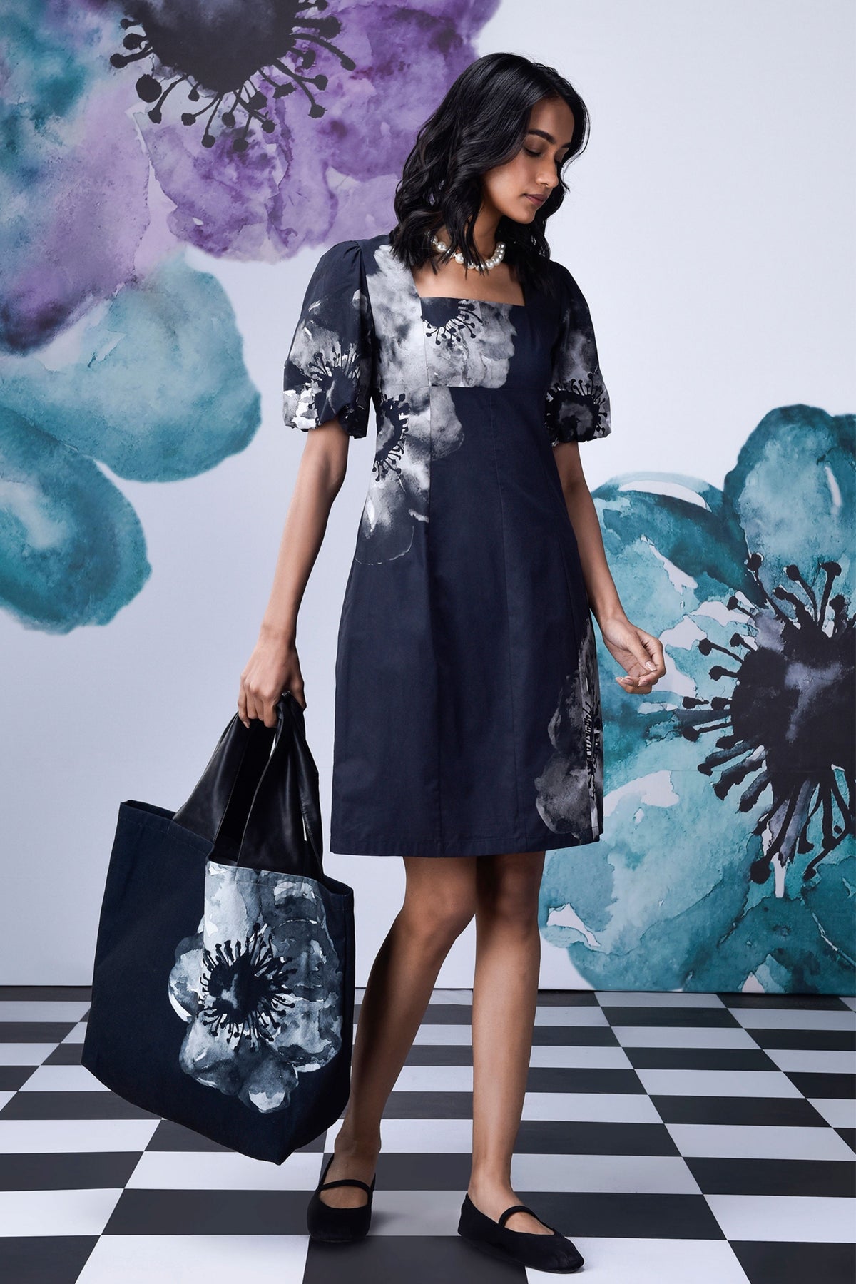 Anemone Flower Dress Black Grey