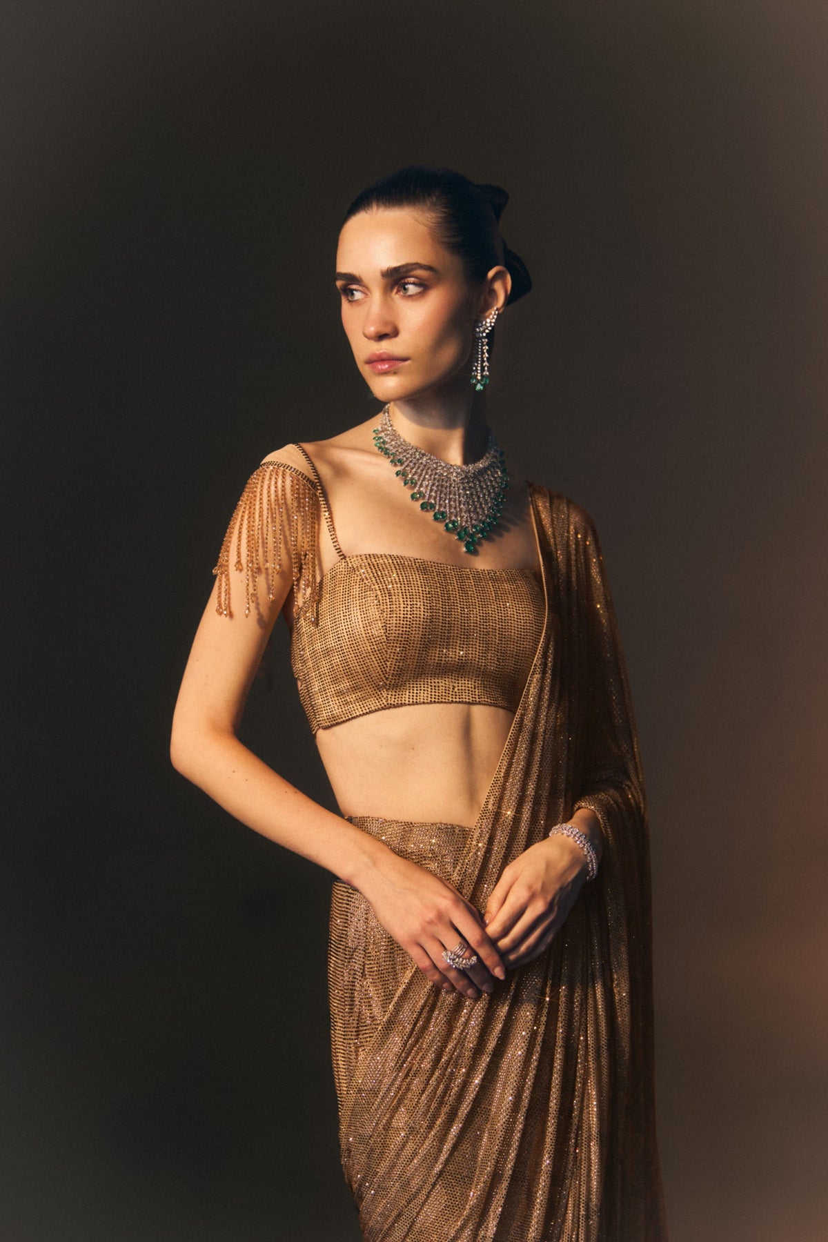 Champagne Drape Saree Set