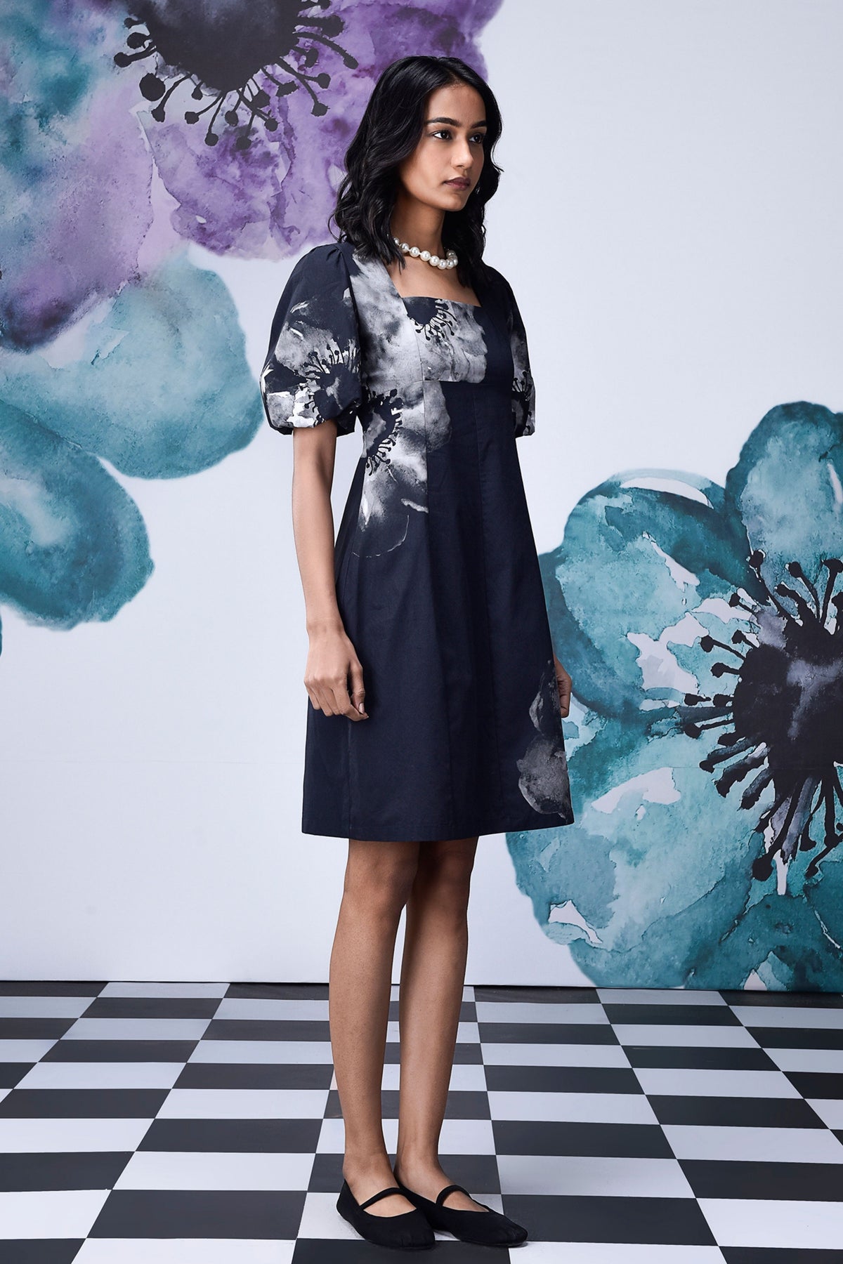 Anemone Flower Dress Black Grey