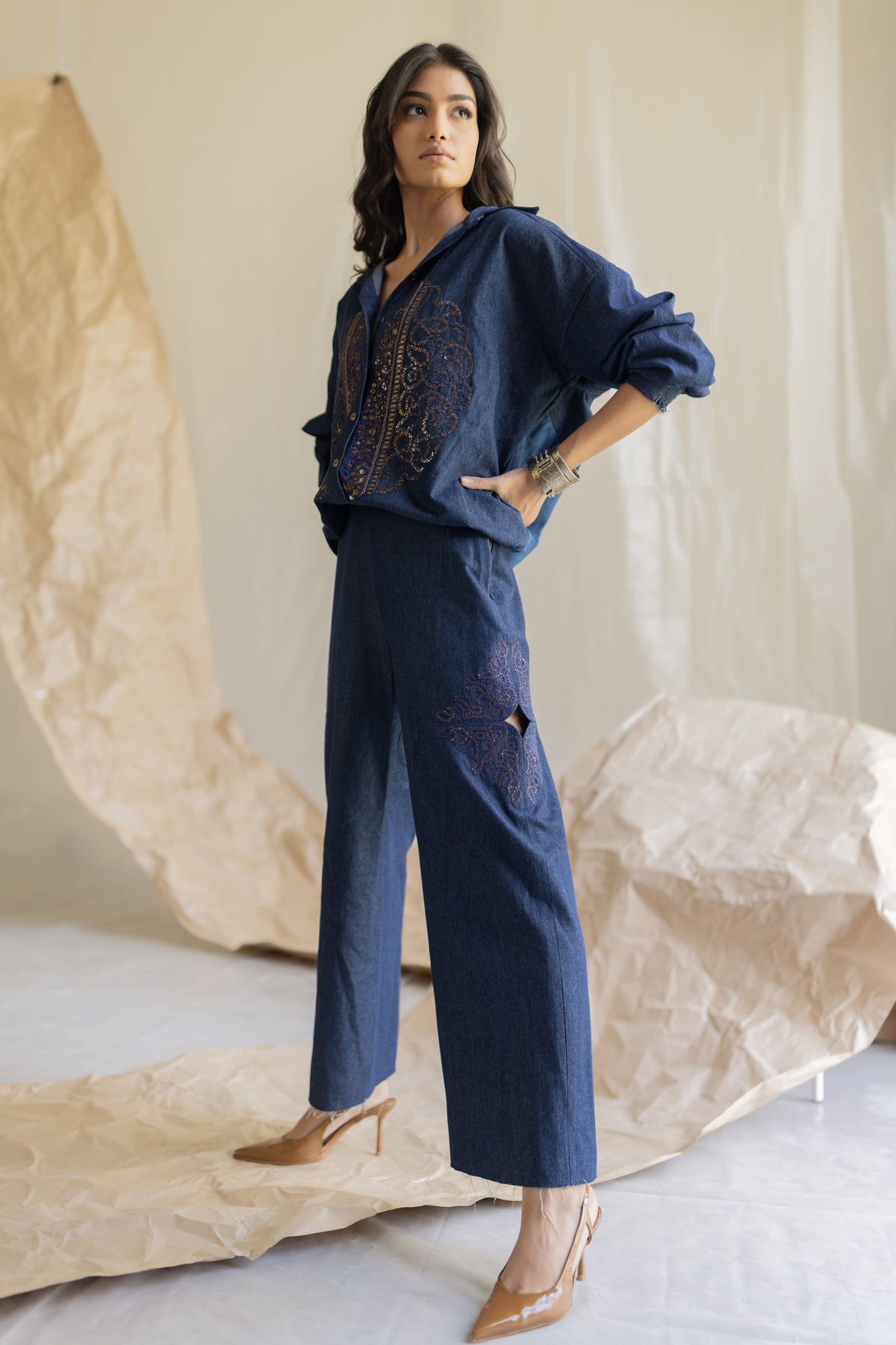 Side Cut Embroidered Denim Pant