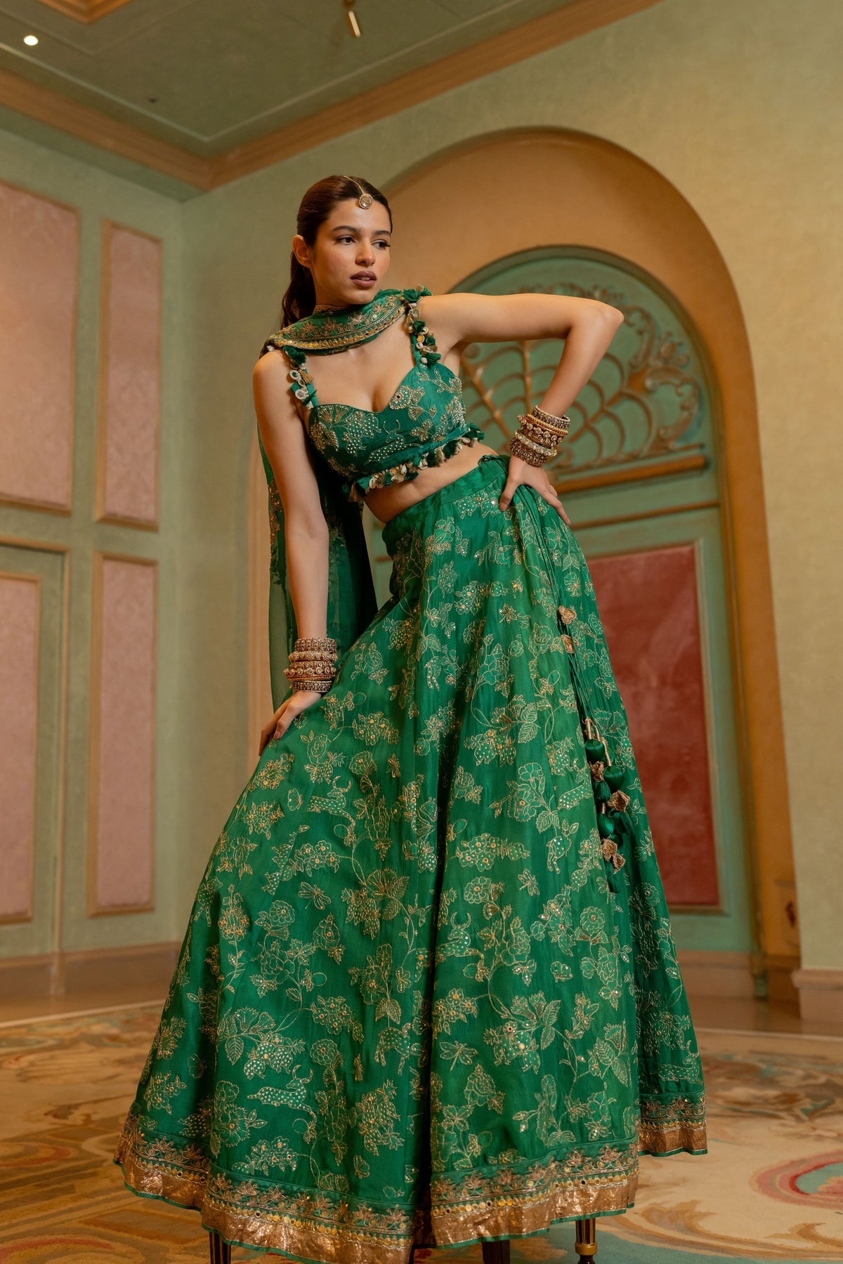Emerald Green Self Woven Jacquard Lehenga Set