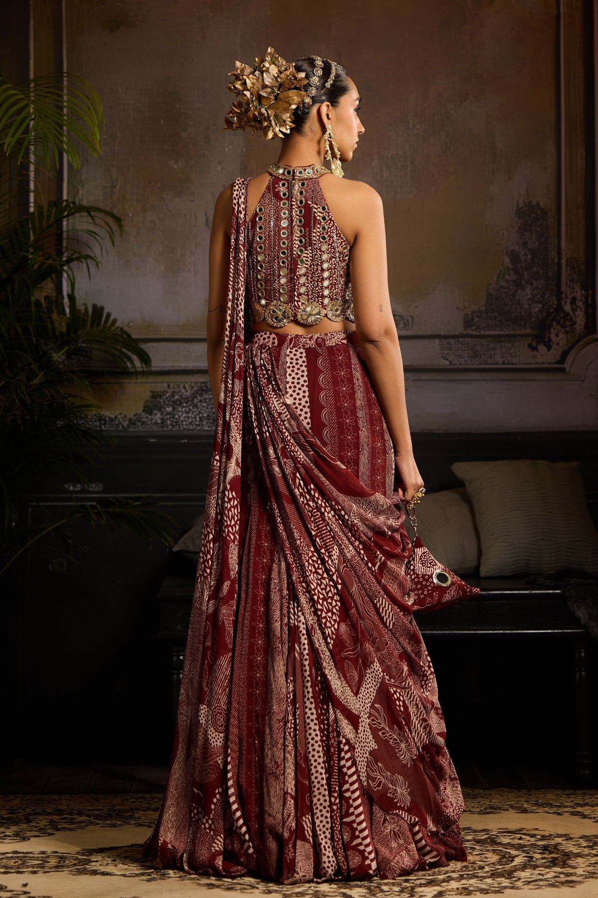 Maroon Mermaid Drape Saree Set