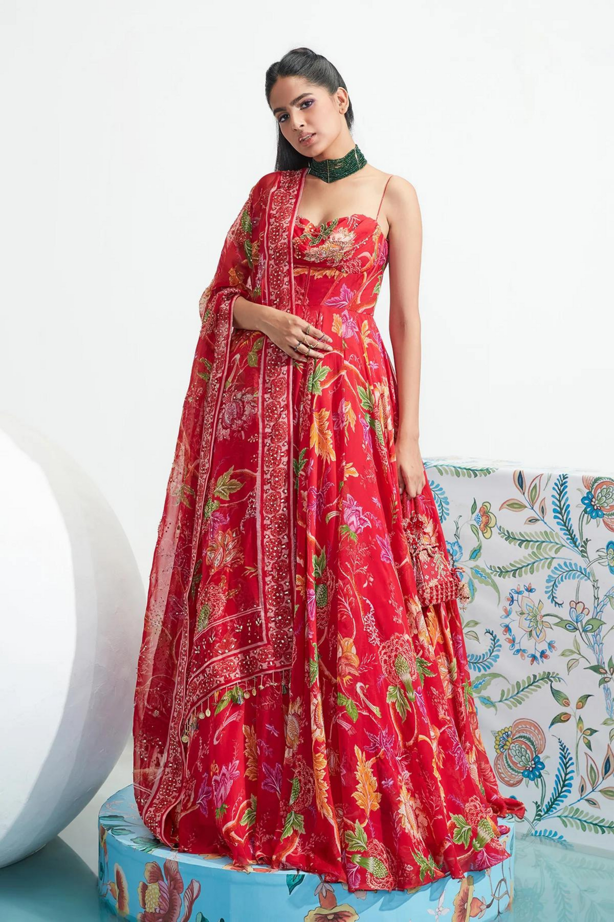 Samira Red Embroidered Anarkali Set