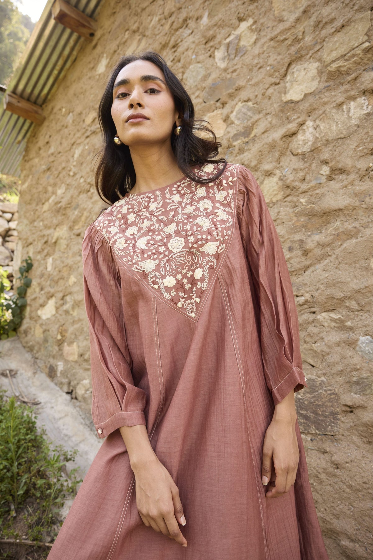 Brown Embroidered Yoke Chanderi Dress