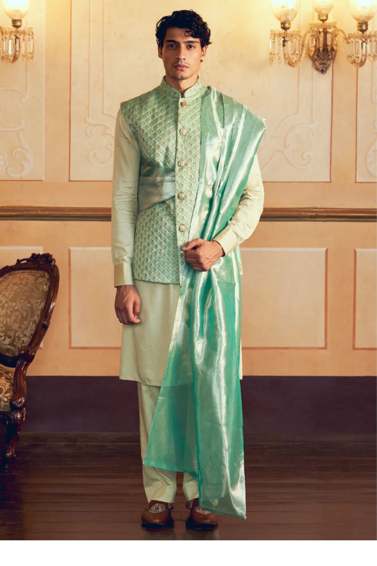 Mint Green Jacquard Banarasi Jacket