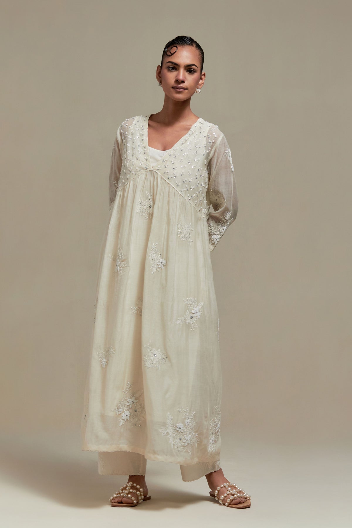 Off White V-Neck Kurta Set