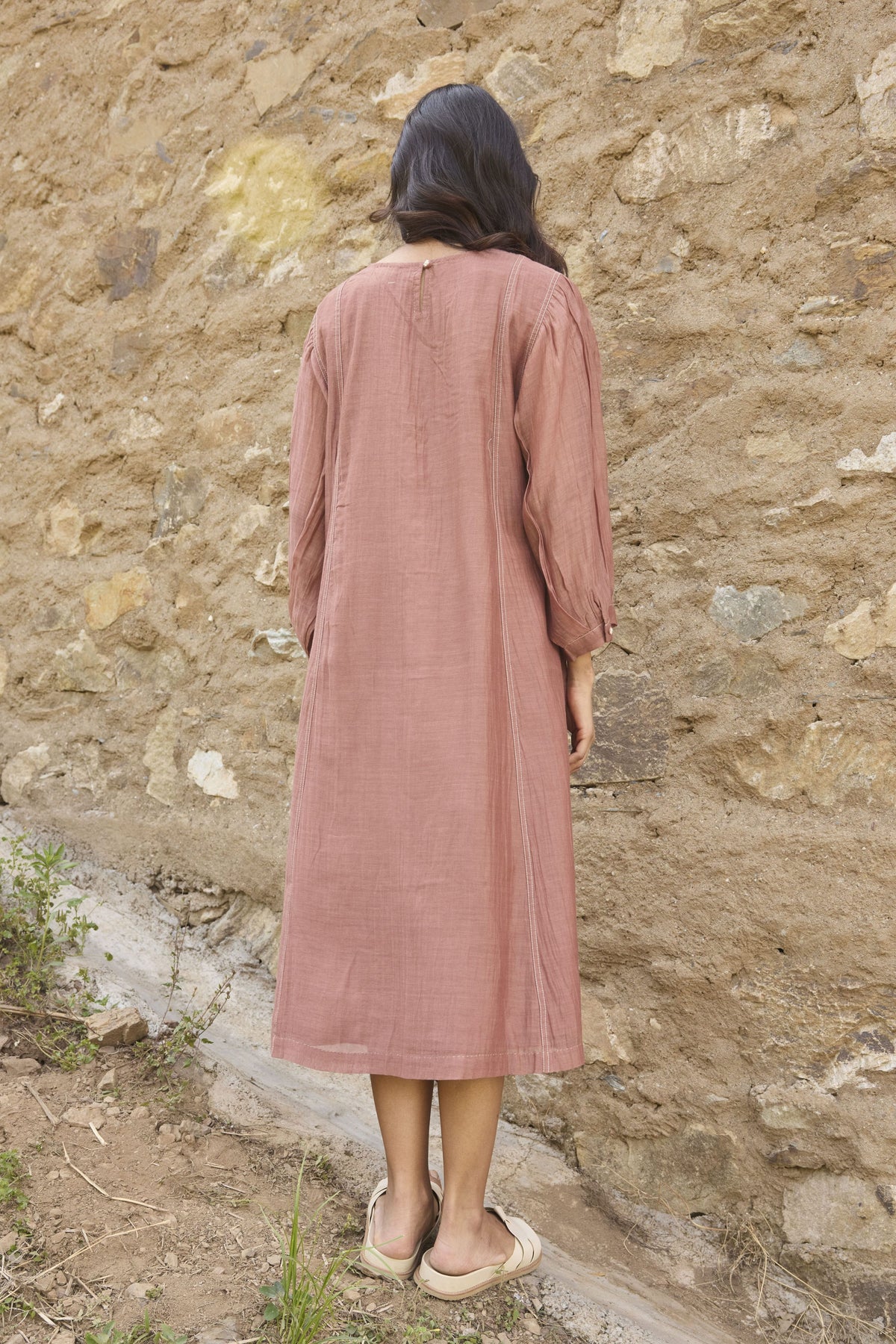 Brown Embroidered Yoke Chanderi Dress