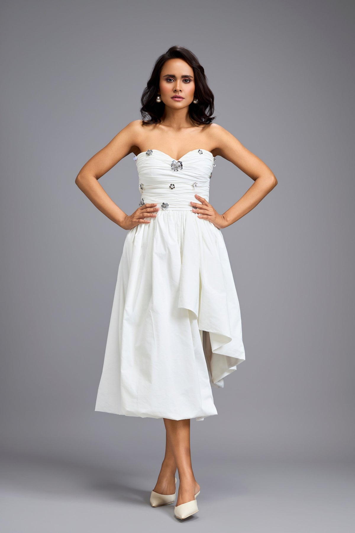 Voluminous Gathered Fitted  Midi Dress
