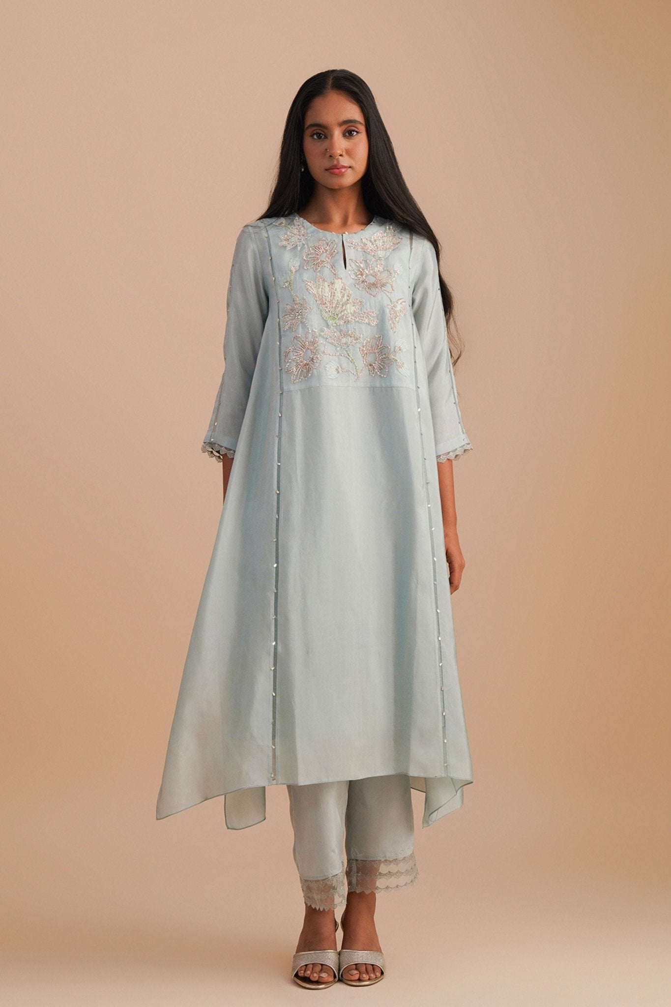 Powder Blue Applique Kurta Set - One Not Two - Elahe