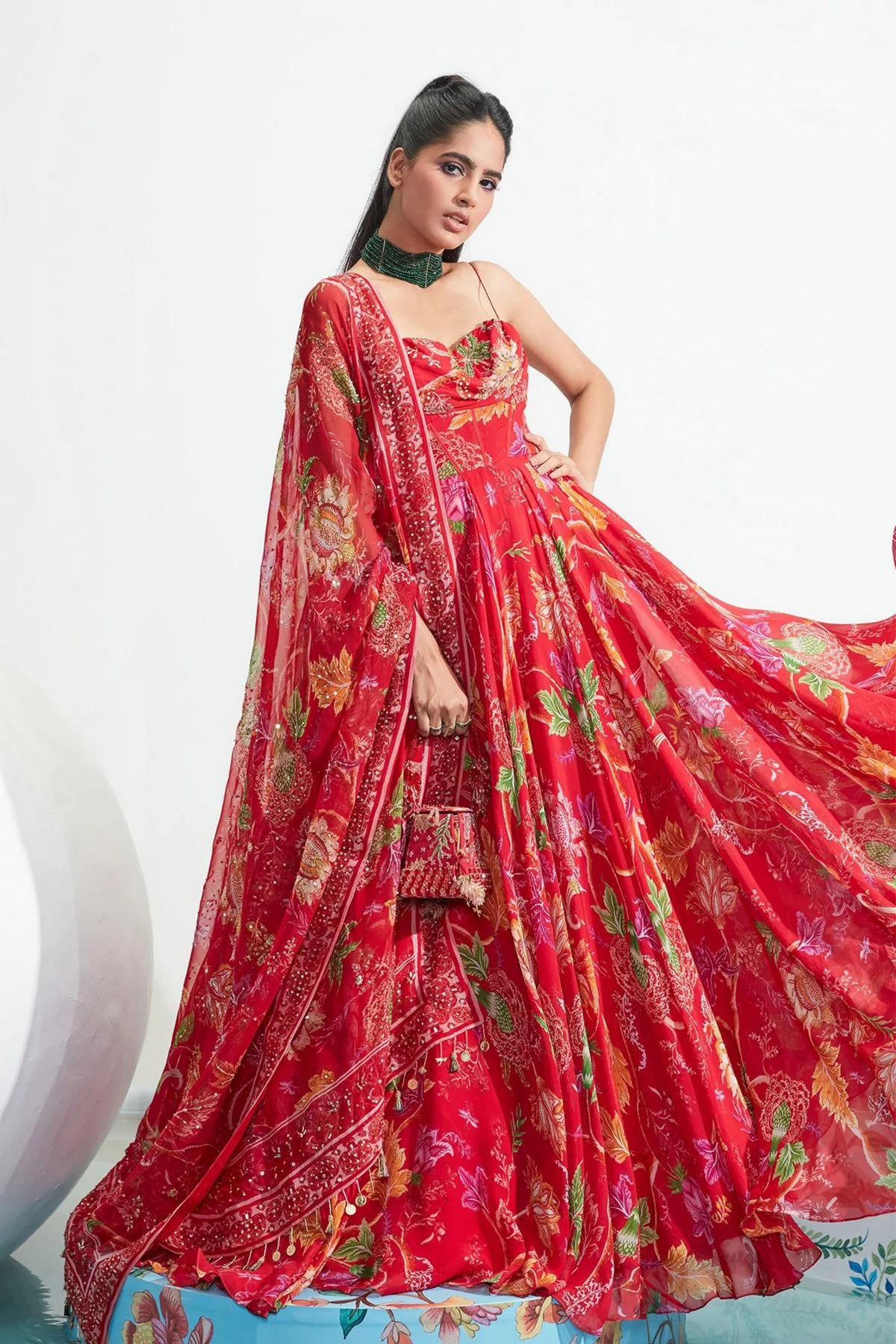 Samira Red Embroidered Anarkali Set