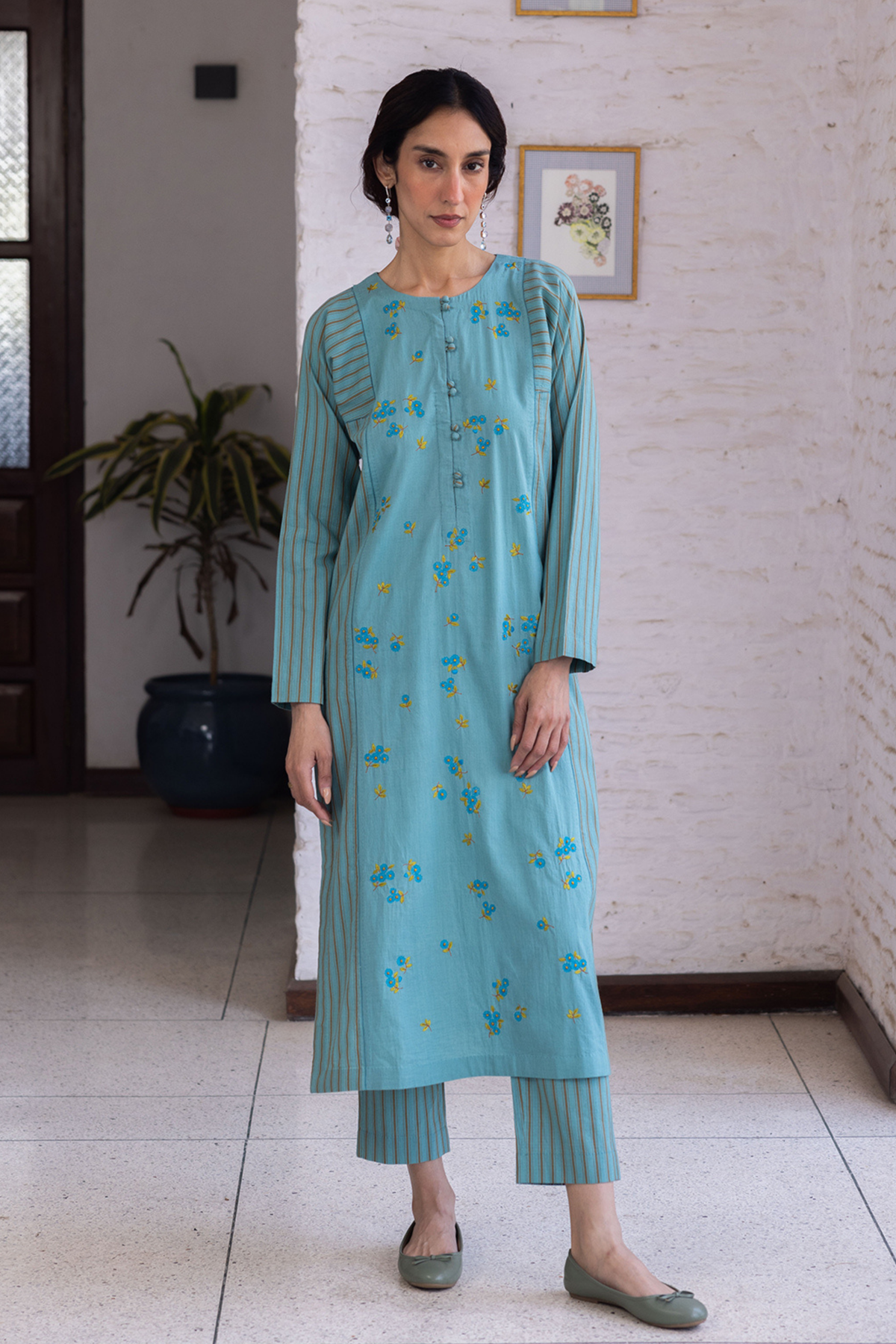 Tender Petals Teal Kurta Set