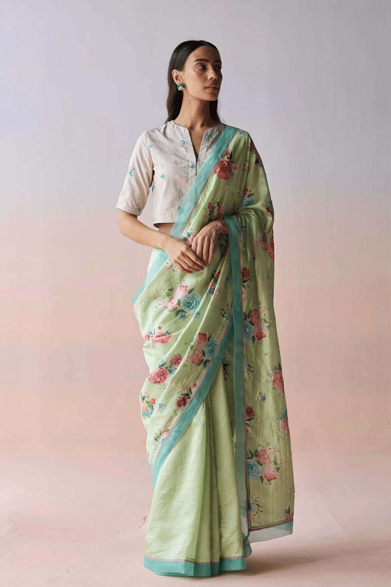 Kindred Petals Green Saree - Surmaye - Elahe