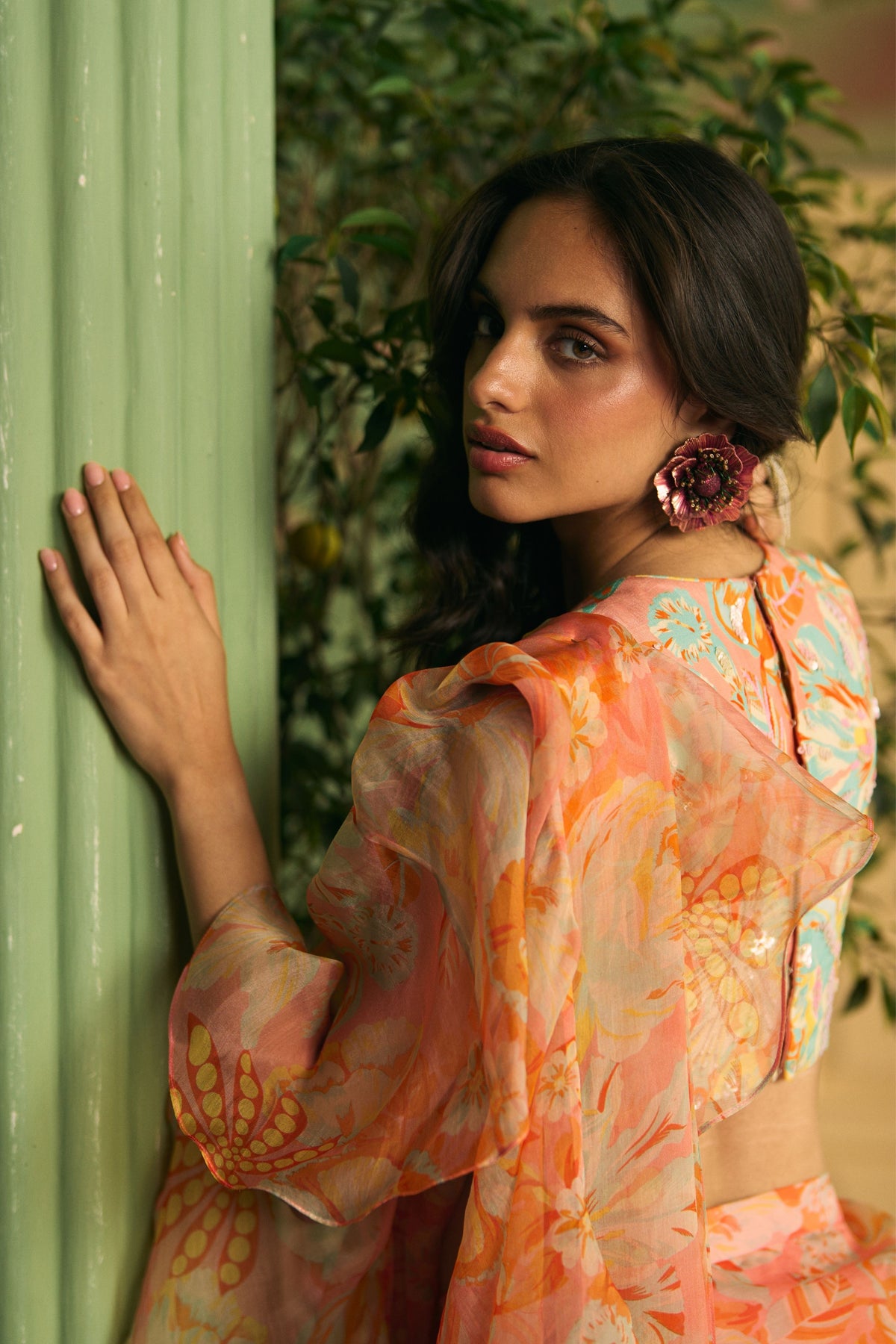 Peach Ruffle Draped Saree Set