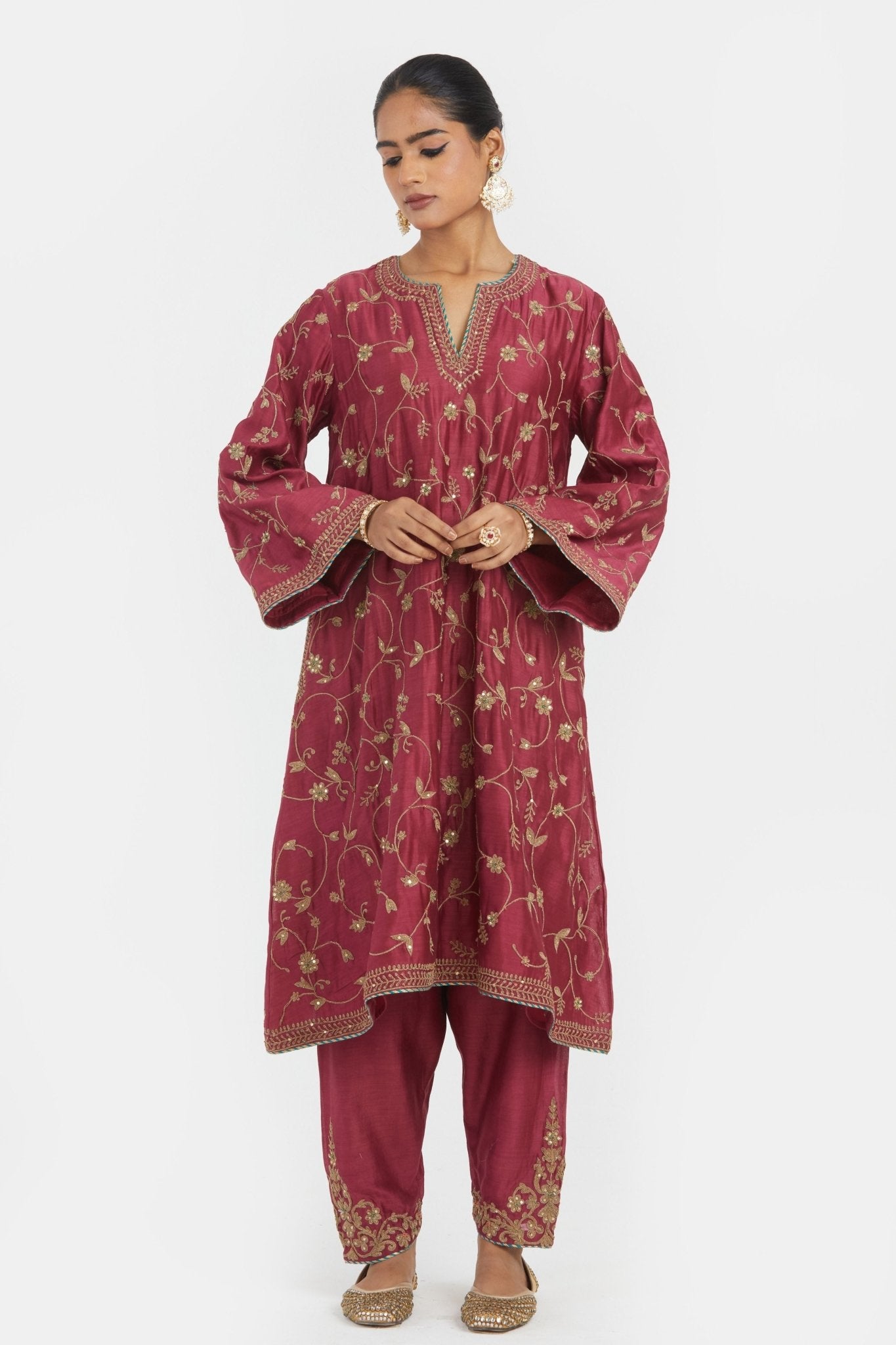Red A - line Kurta Set - Kora - Elahe