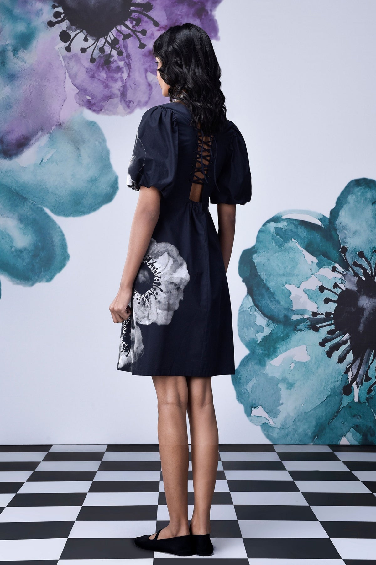 Anemone Flower Dress Black Grey