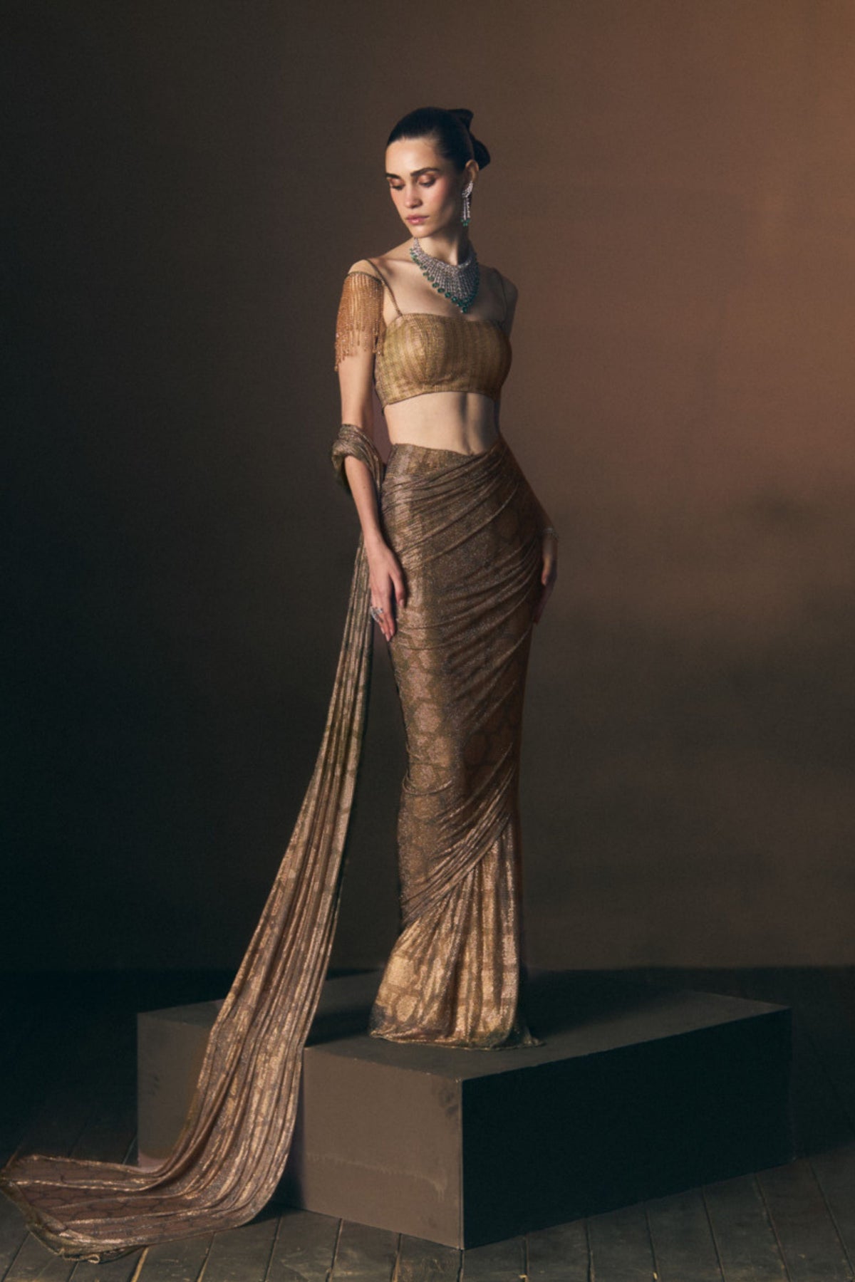 Champagne Drape Saree Set