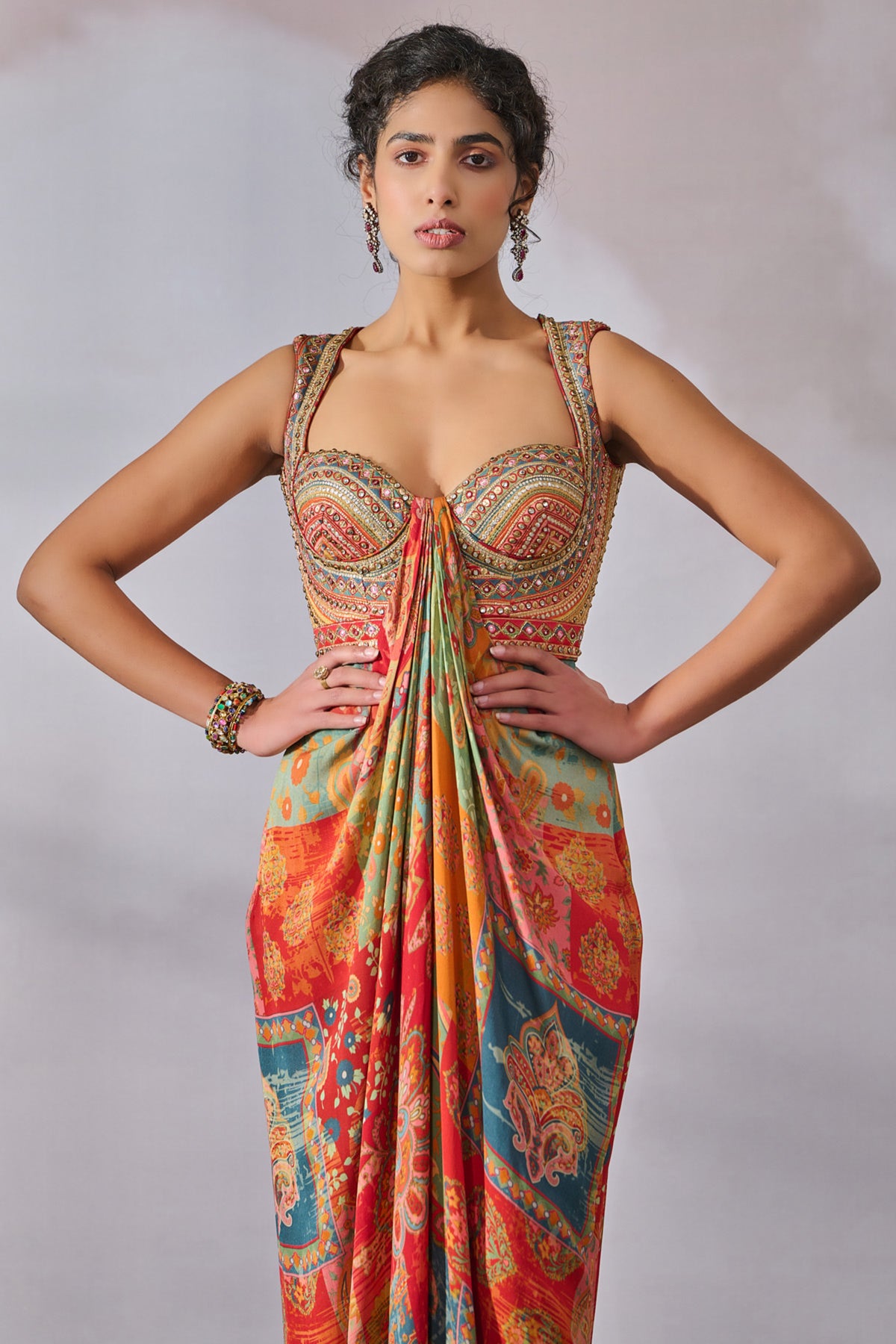 Printed Jumpsuit With Hand Embroidered Bodice