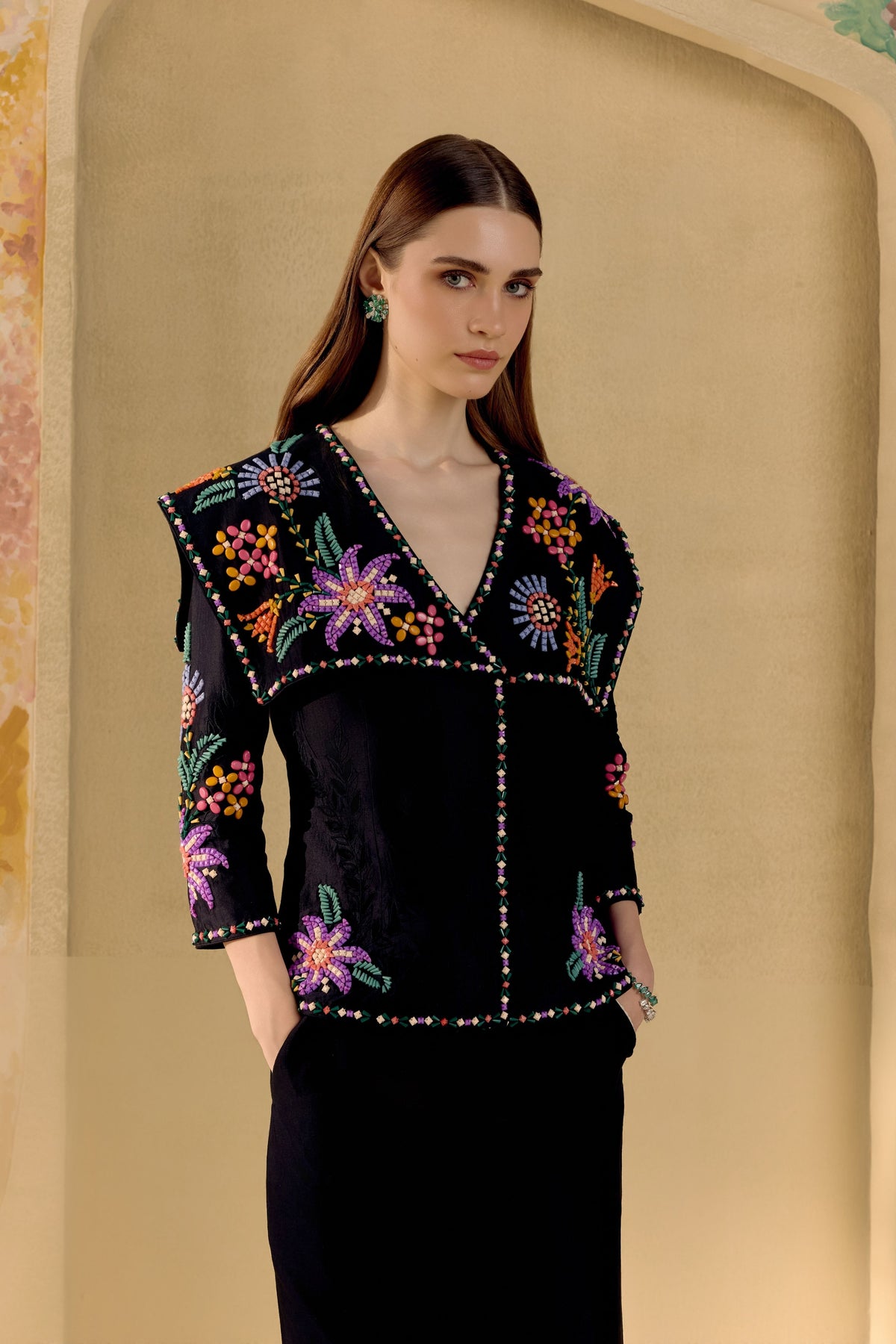 Black Contrast Cutwork Bell Bottom Pants