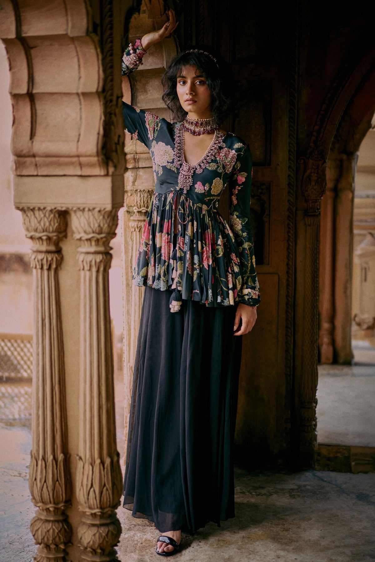Black Floral Printed Peplum Set