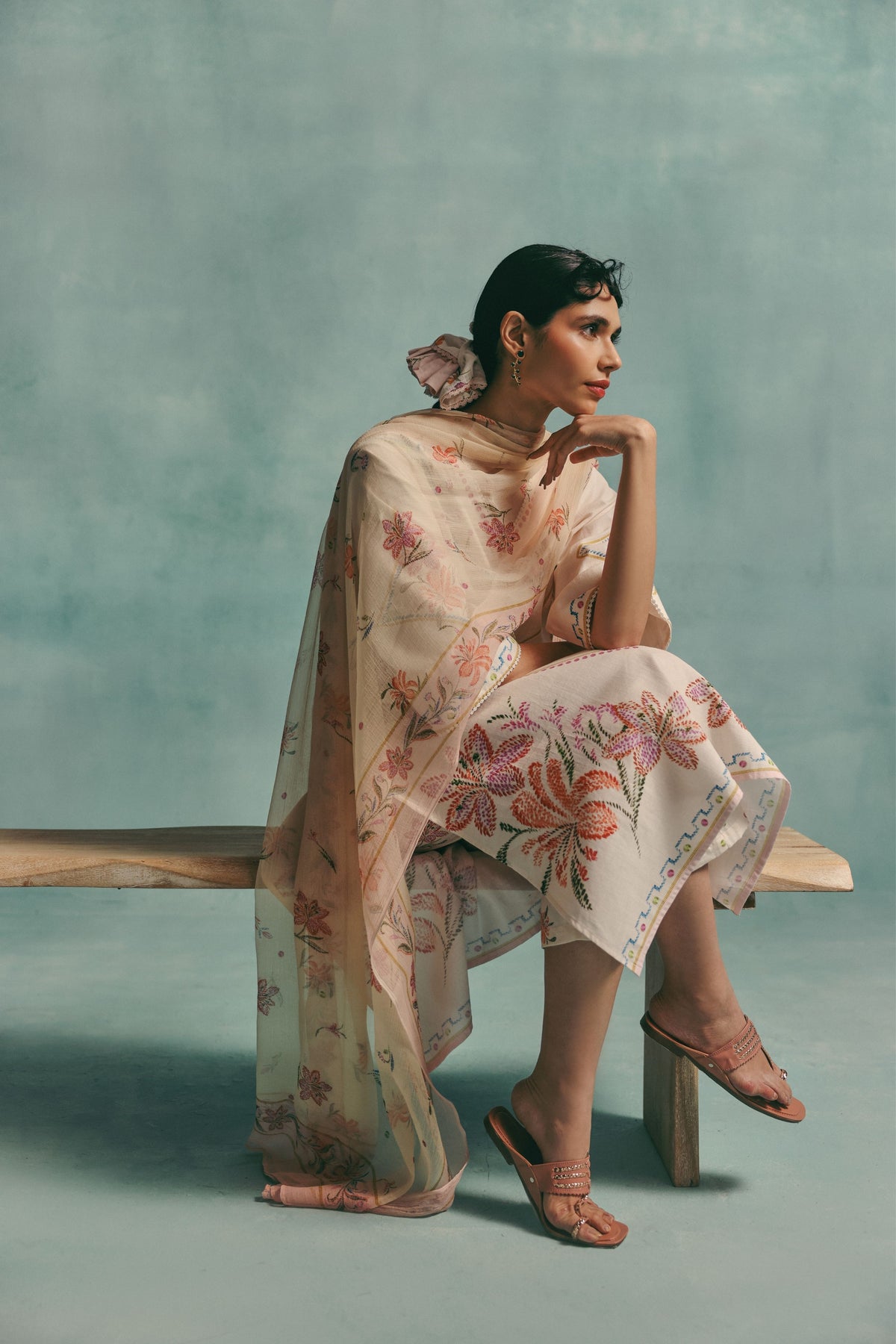 Ecru Hibiscus Kurta Set