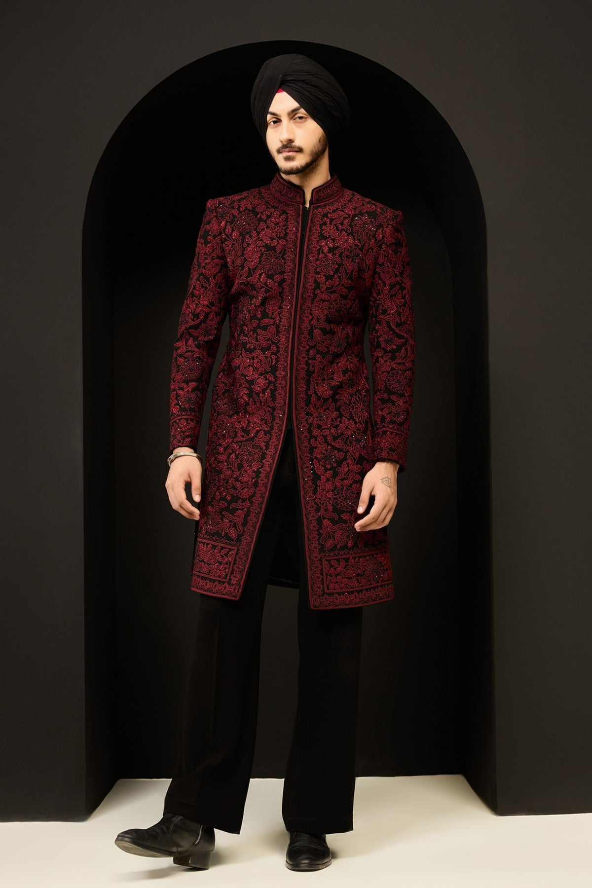 Dark Wine Embellished Jacket Set