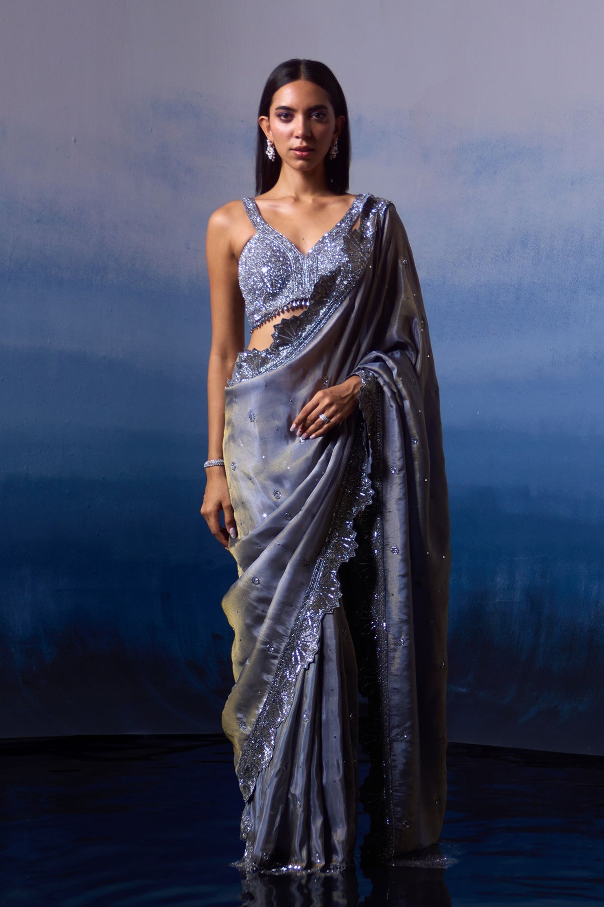 Metallic Grey Saree Set