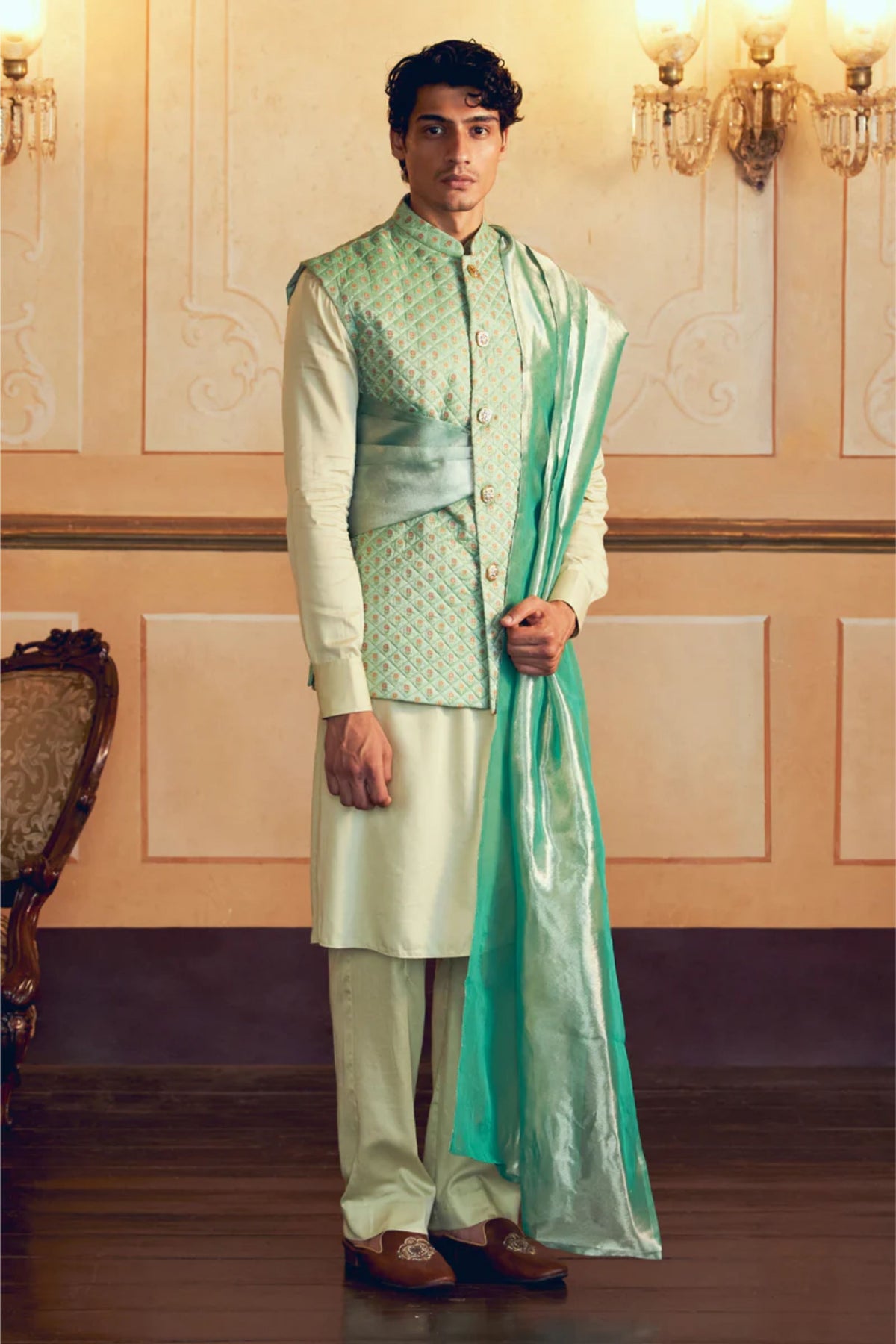 Mint Green Jacquard Banarasi Jacket