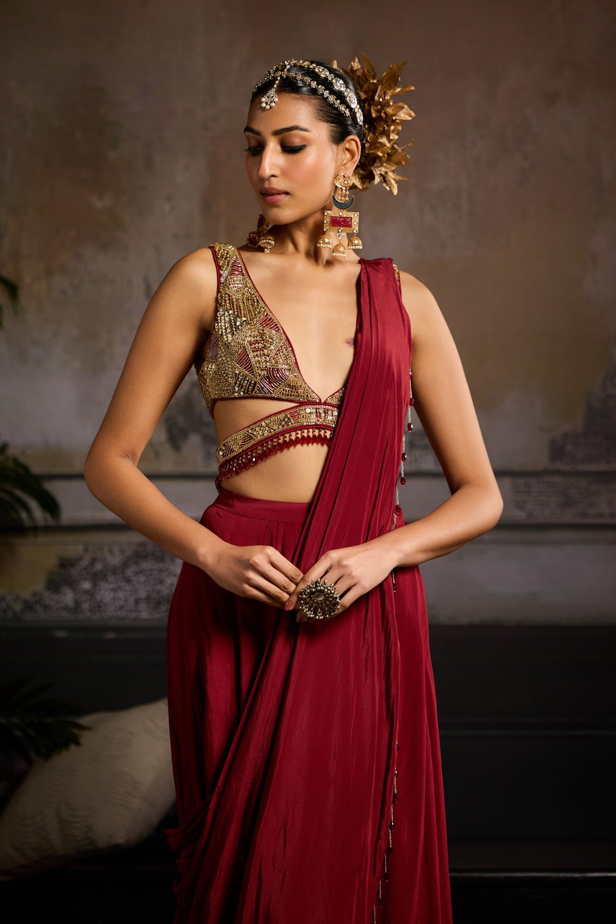 Maroon Panel Drape Saree Set