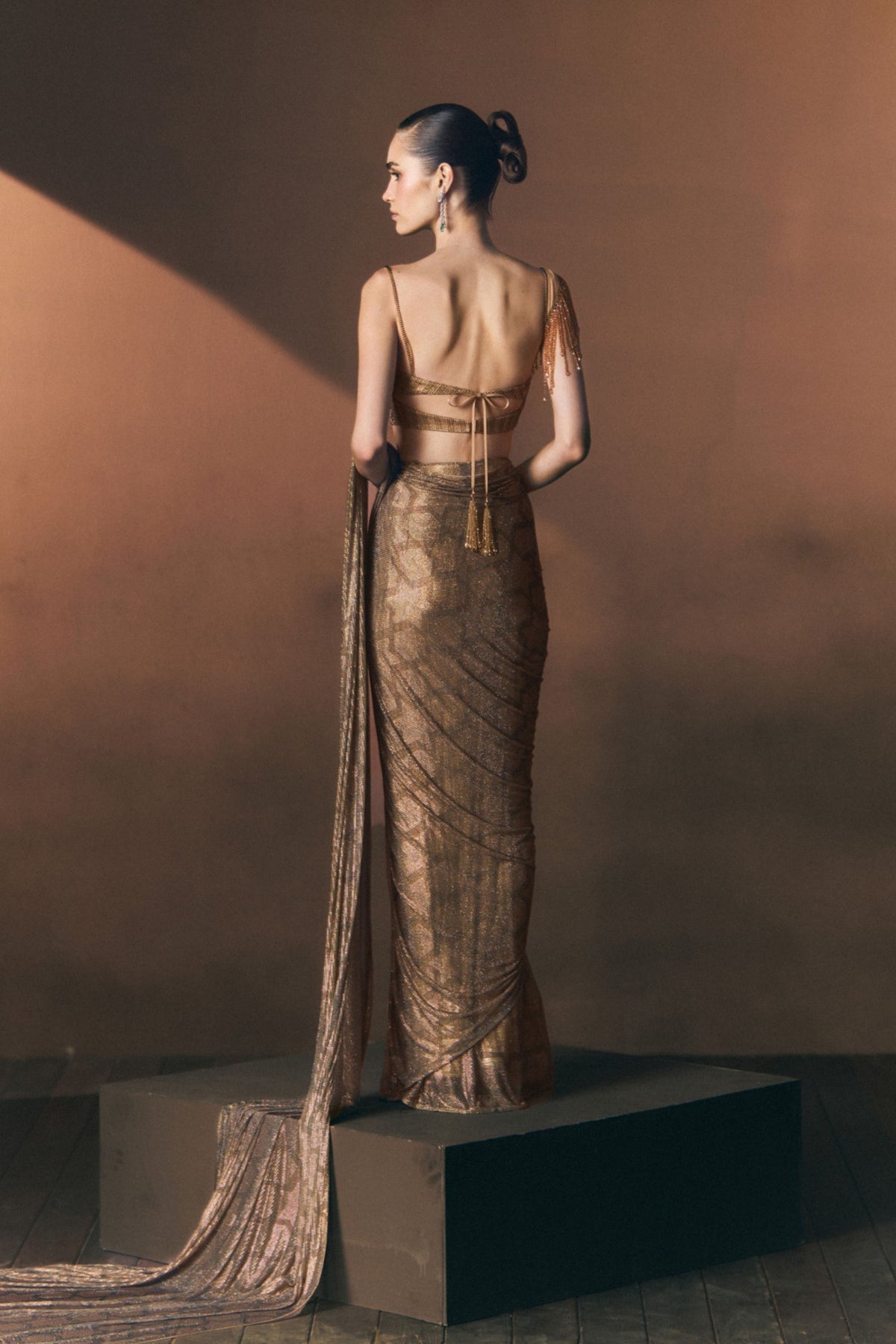 Champagne Drape Saree Set