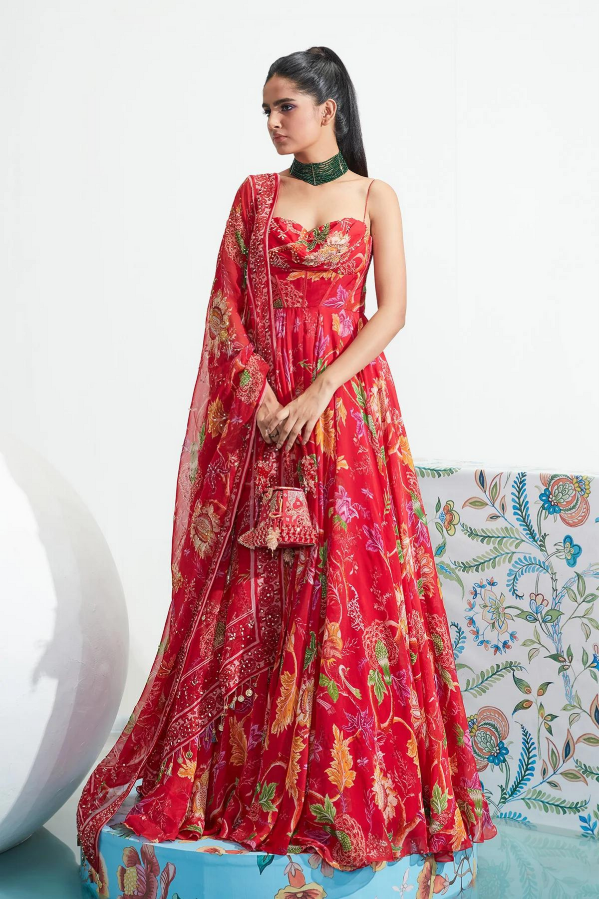 Samira Red Embroidered Anarkali Set