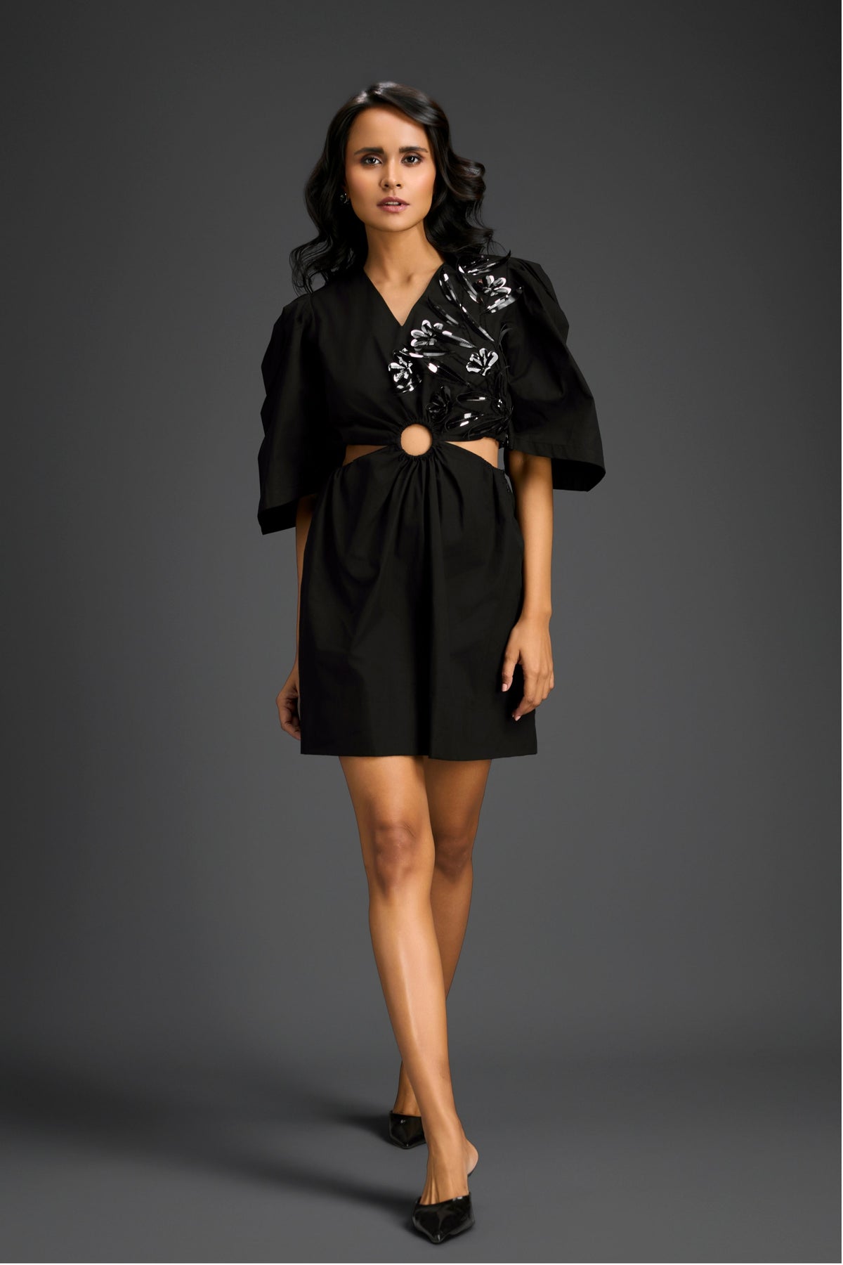 Black Embellishment V-neck Dress