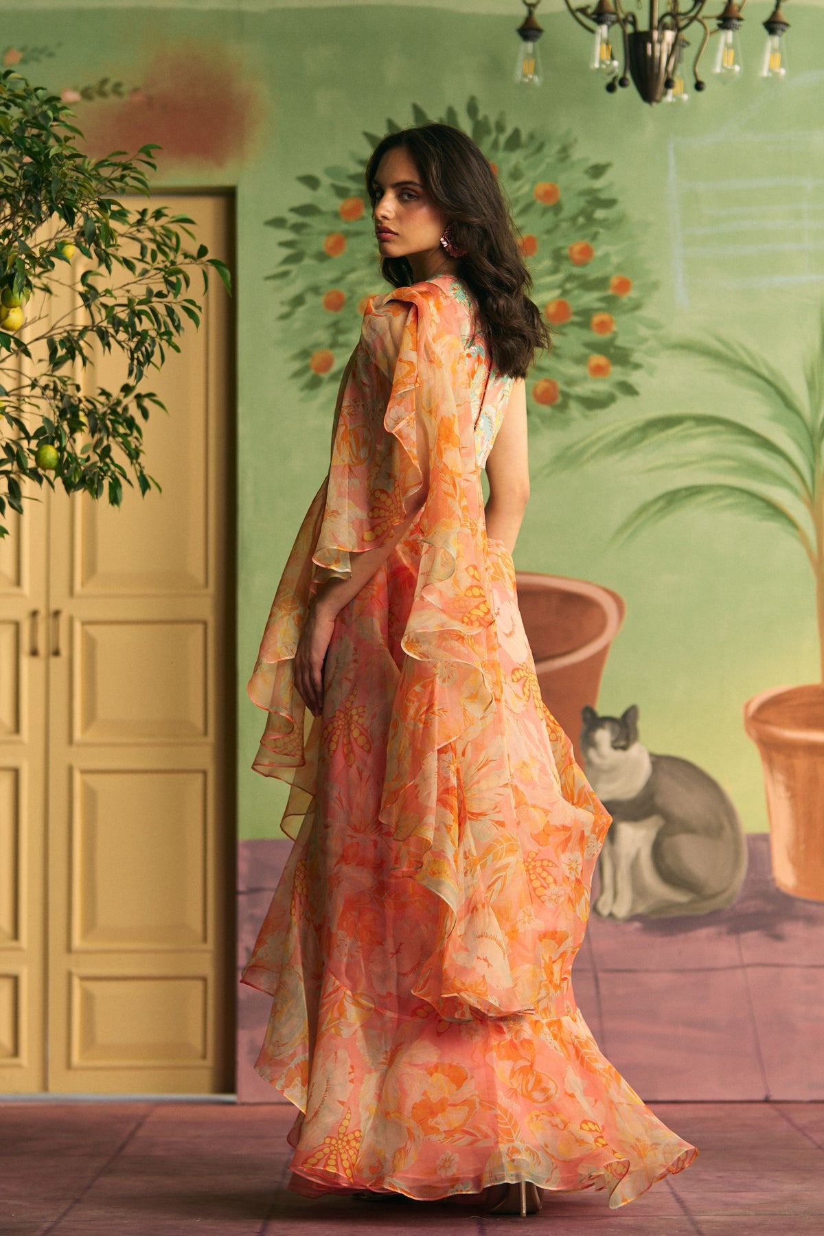 Peach Ruffle Draped Saree Set