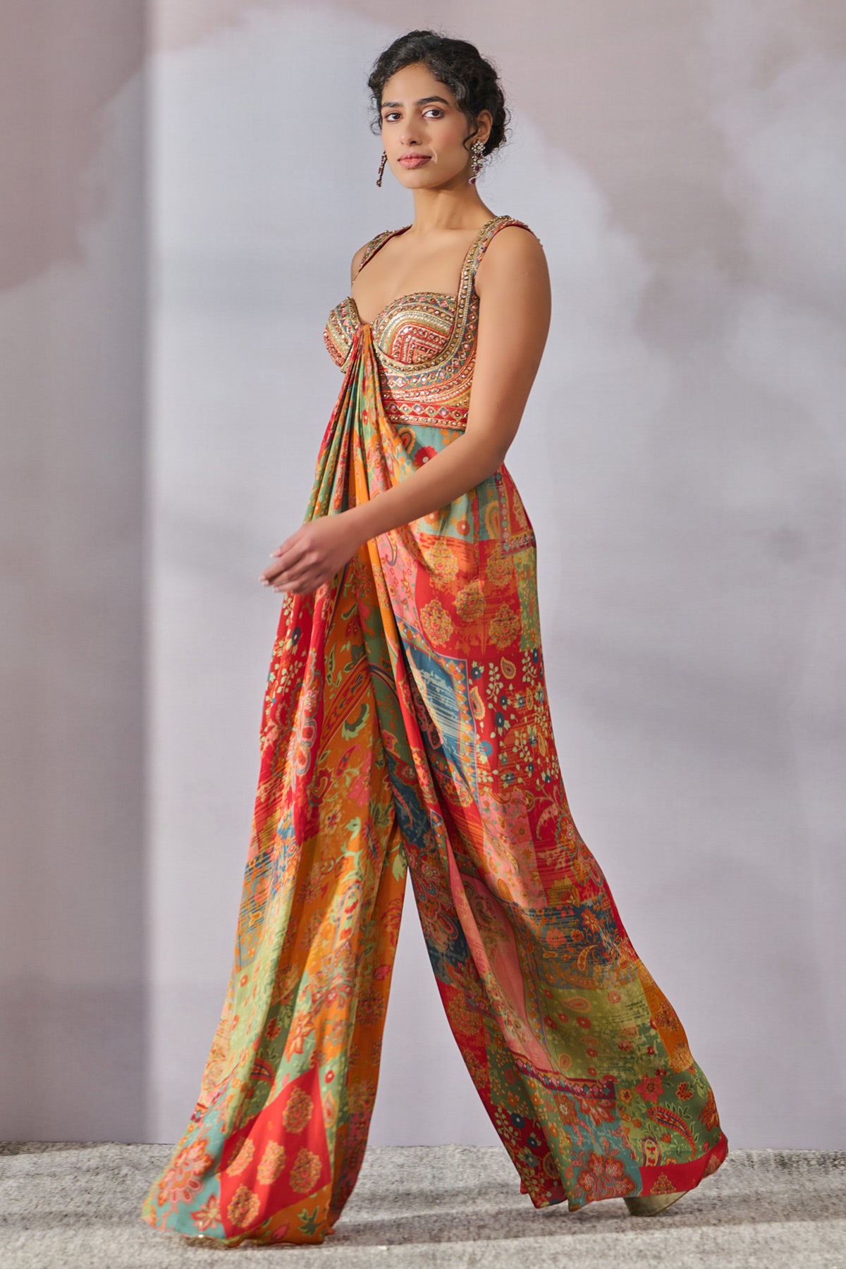 Printed Jumpsuit With Hand Embroidered Bodice