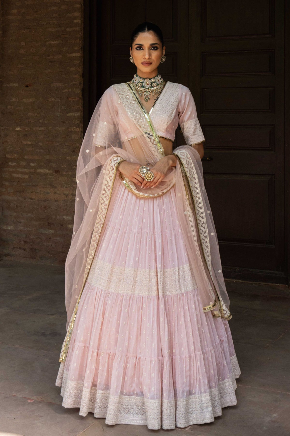 Onion Pink Big Border Lehenga Set