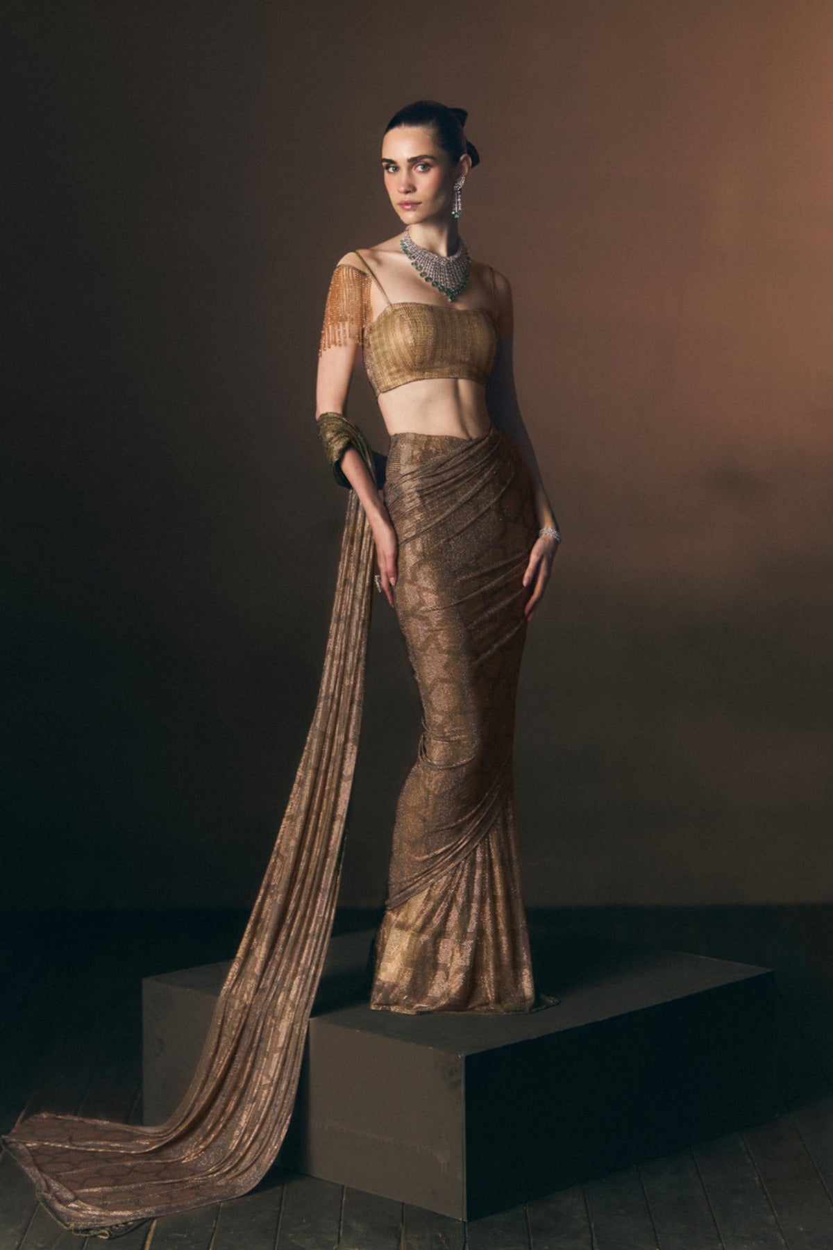 Champagne Drape Saree Set