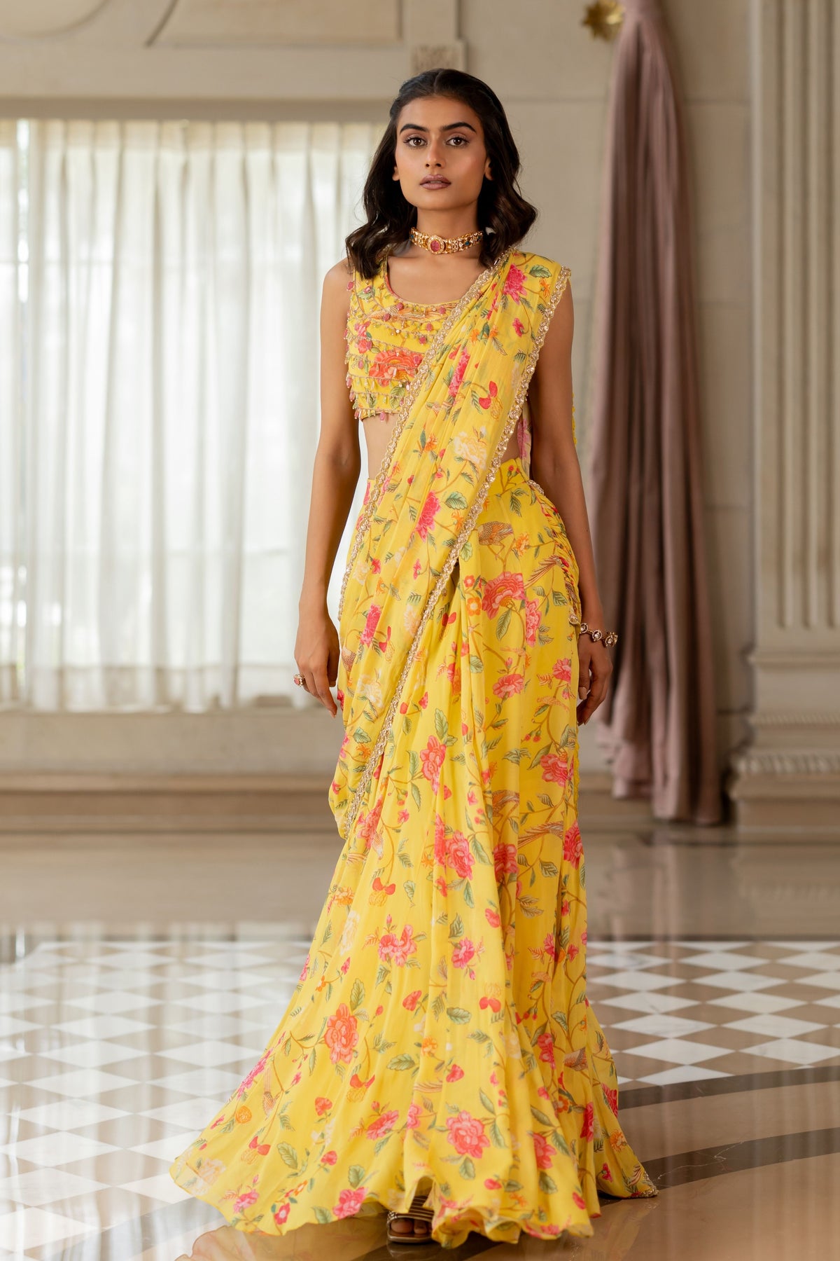 Kiara Yellow Drape Saree Set