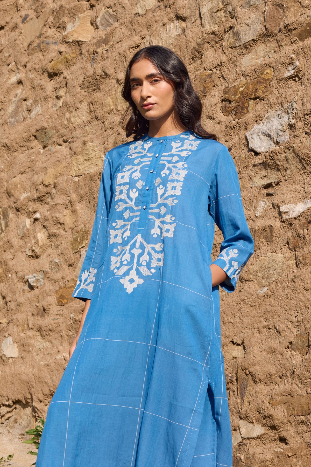 Blue Embroidered Straight Kurta