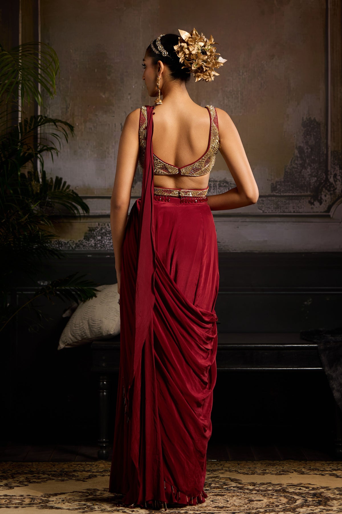 Maroon Panel Drape Saree Set