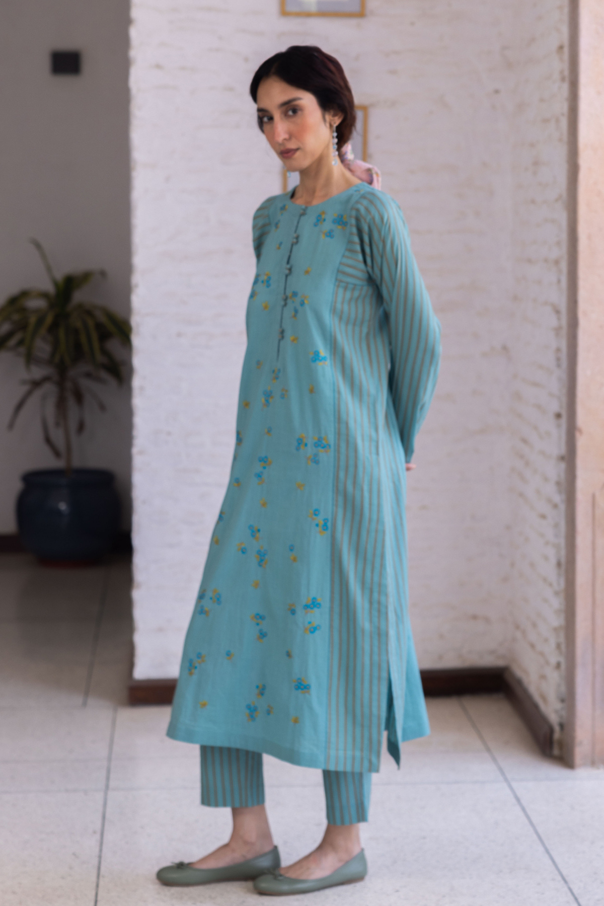 Tender Petals Teal Kurta Set