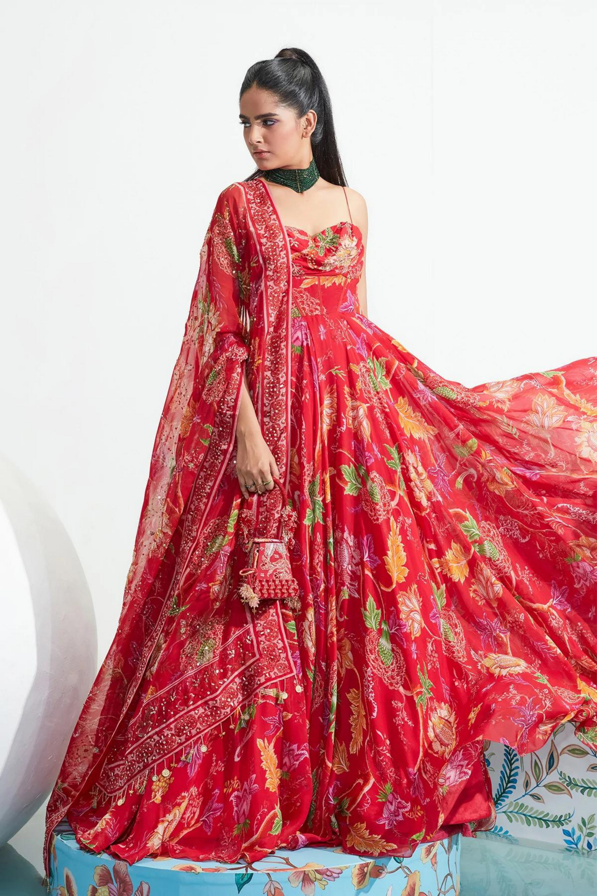 Samira Red Embroidered Anarkali Set