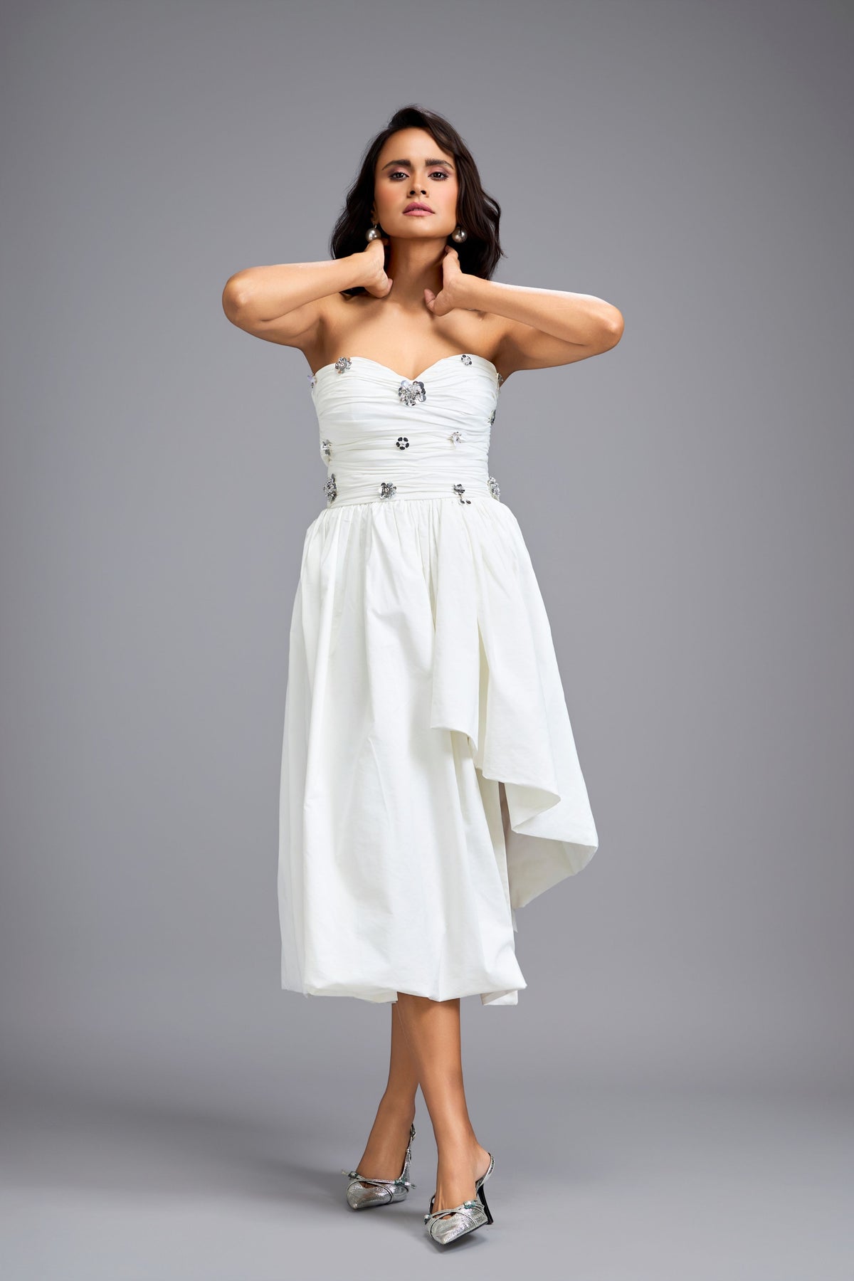 Voluminous Gathered Fitted  Midi Dress