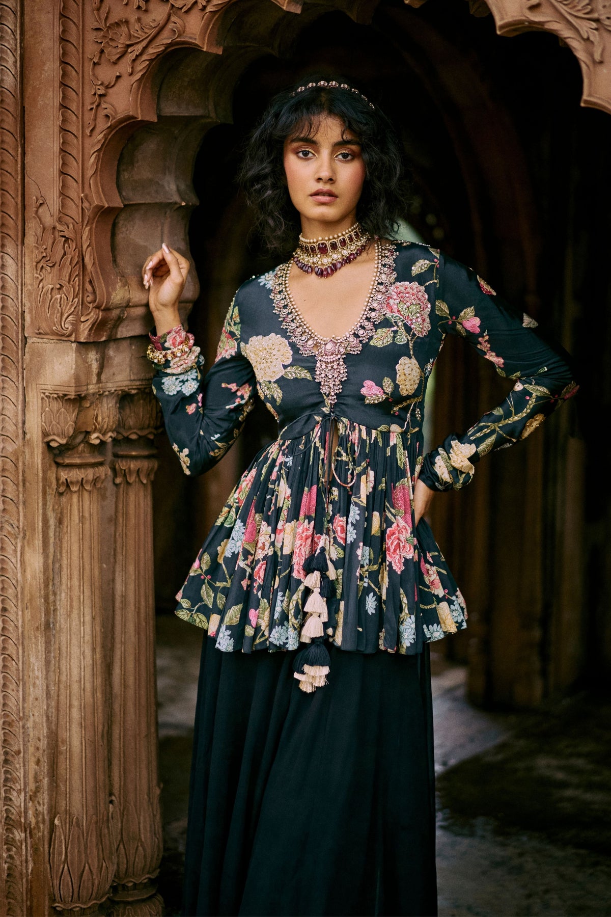 Black Floral Printed Peplum Set