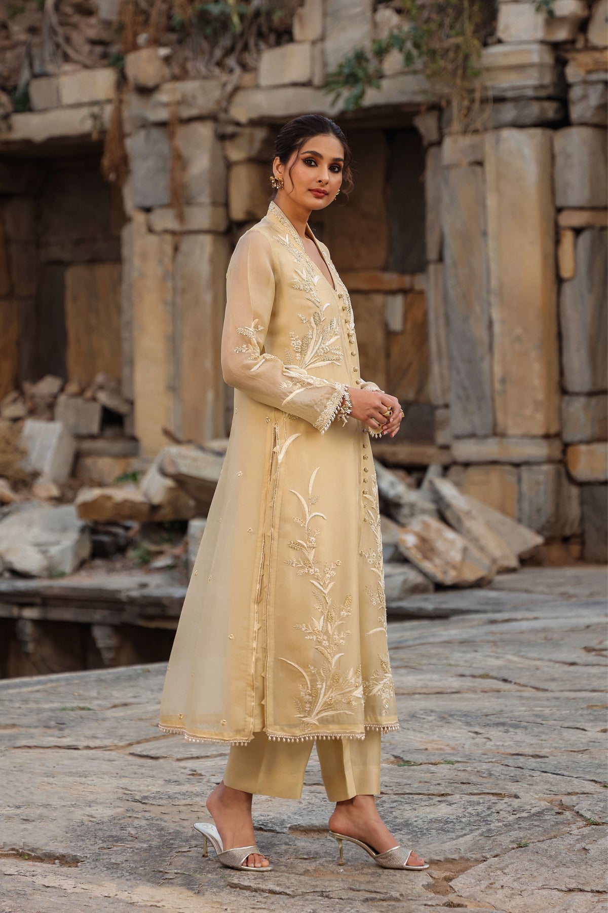 Vaayu Beige Heavy Jacket Kurta Set