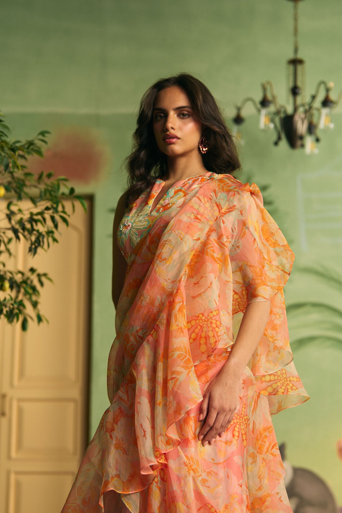 Peach Ruffle Draped Saree Set