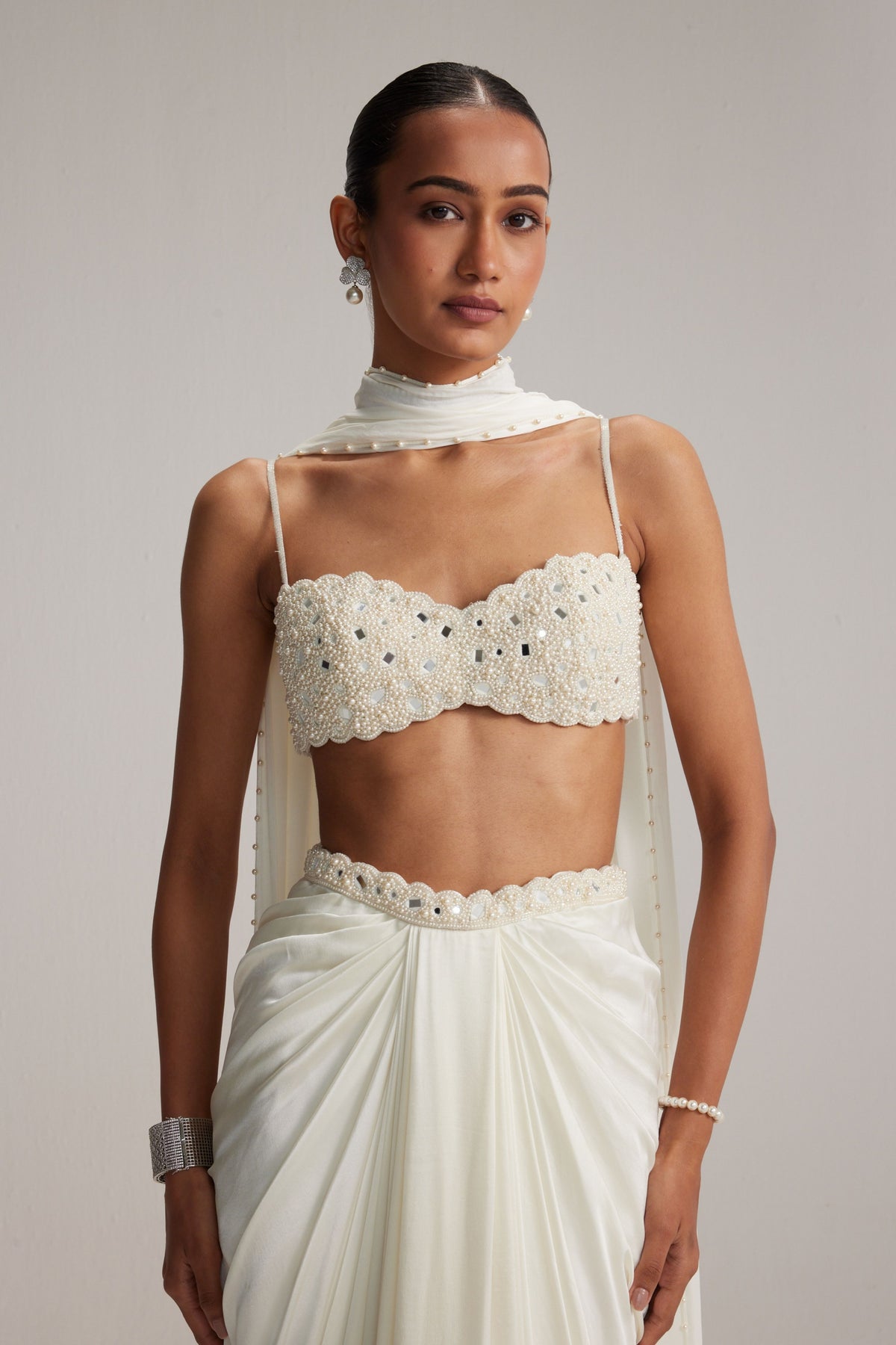 Off White Satin Draped Skirt Set