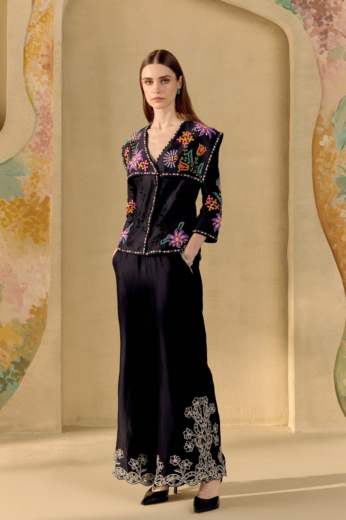 Black Contrast Cutwork Bell Bottom Pants