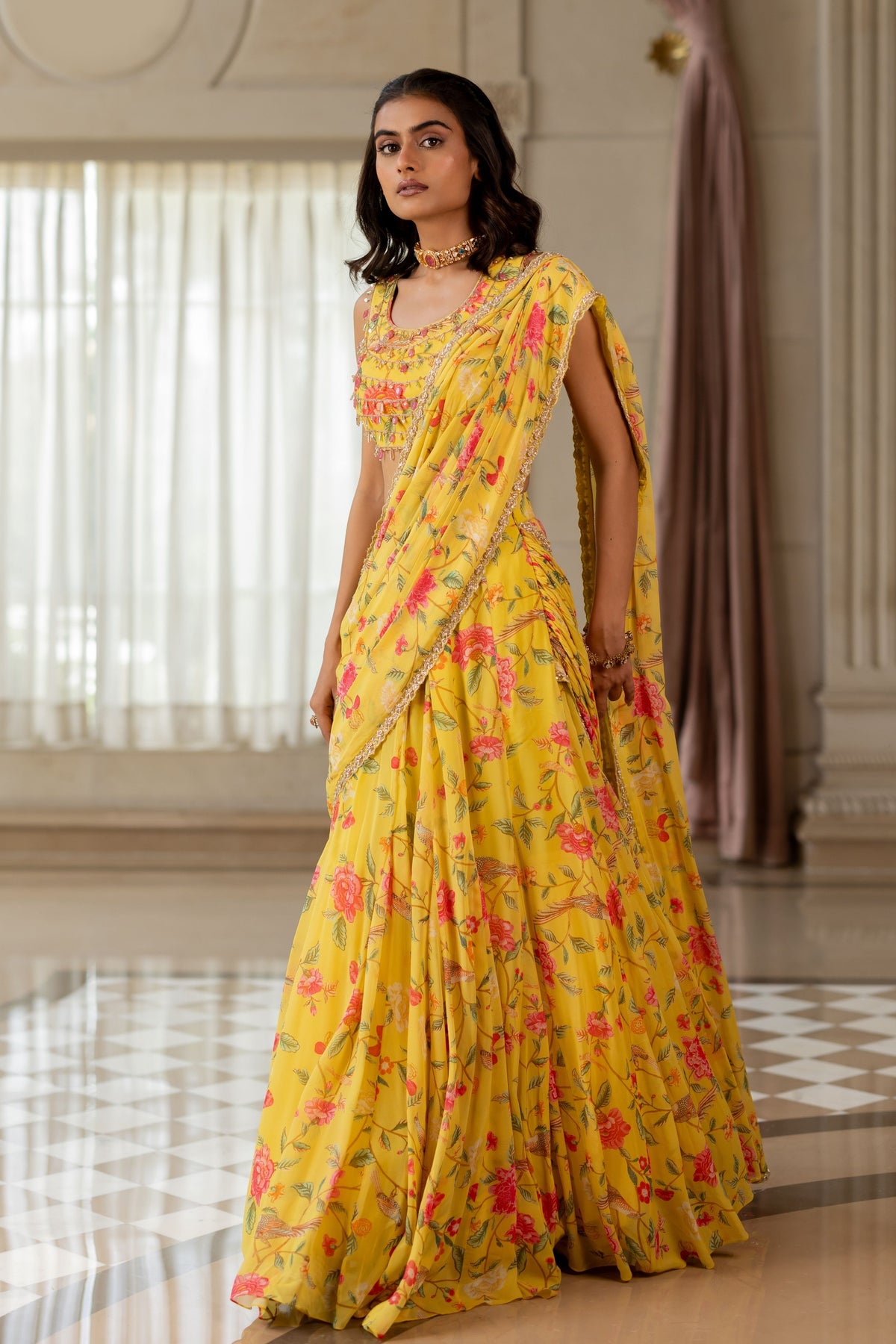 Kiara Yellow Drape Saree Set