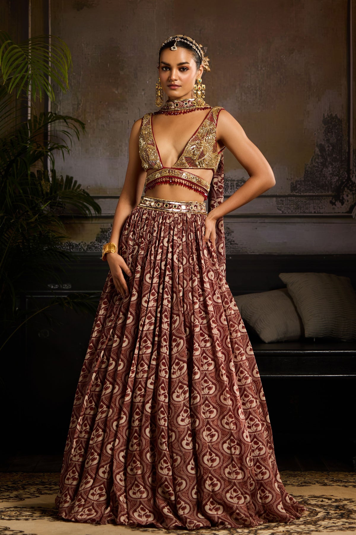 Maroon Print Highlighted Lehenga Set