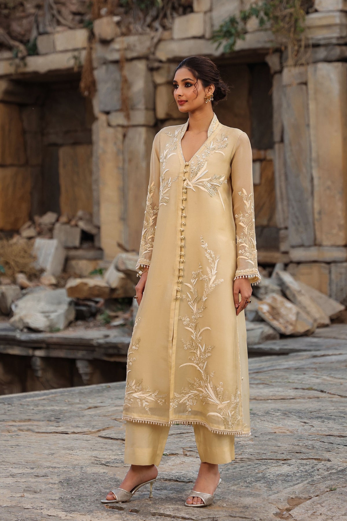 Vaayu Beige Heavy Jacket Kurta Set