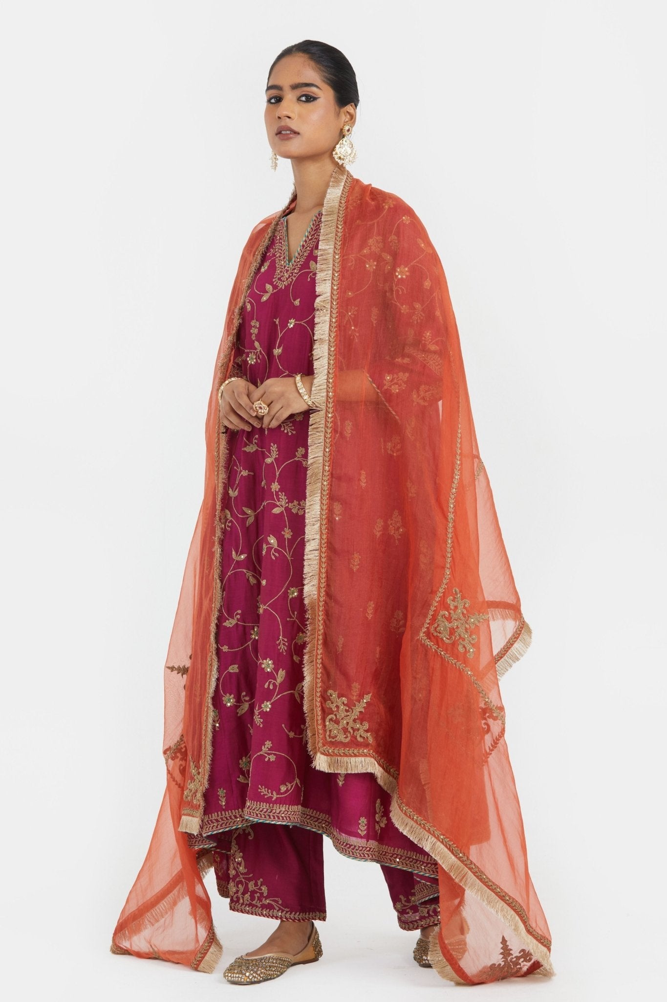 Deep Fuchsia Chanderi Kurta Set - Kora - Elahe